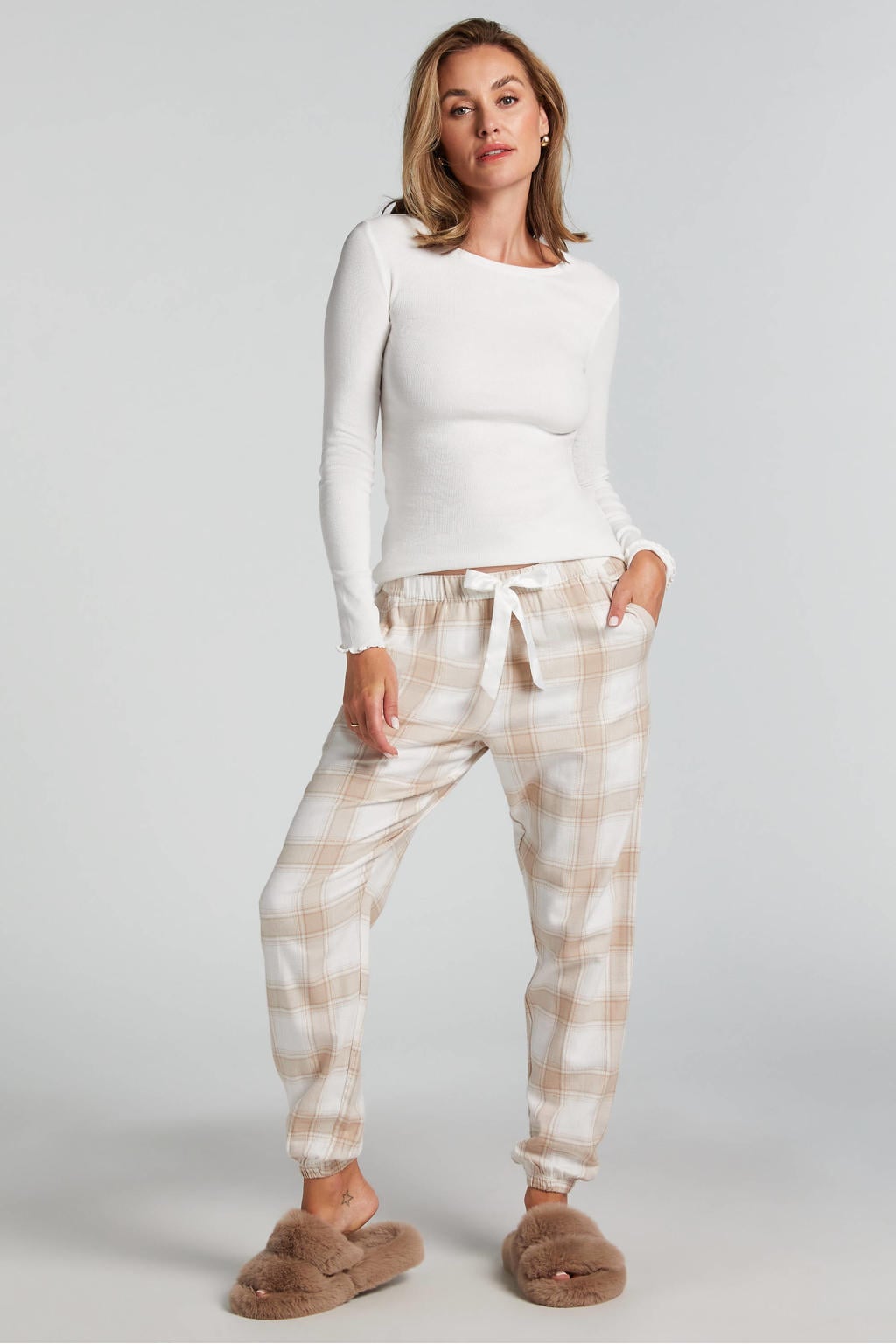 Hunkemöller flanellen pyjamabroek beige/ecru