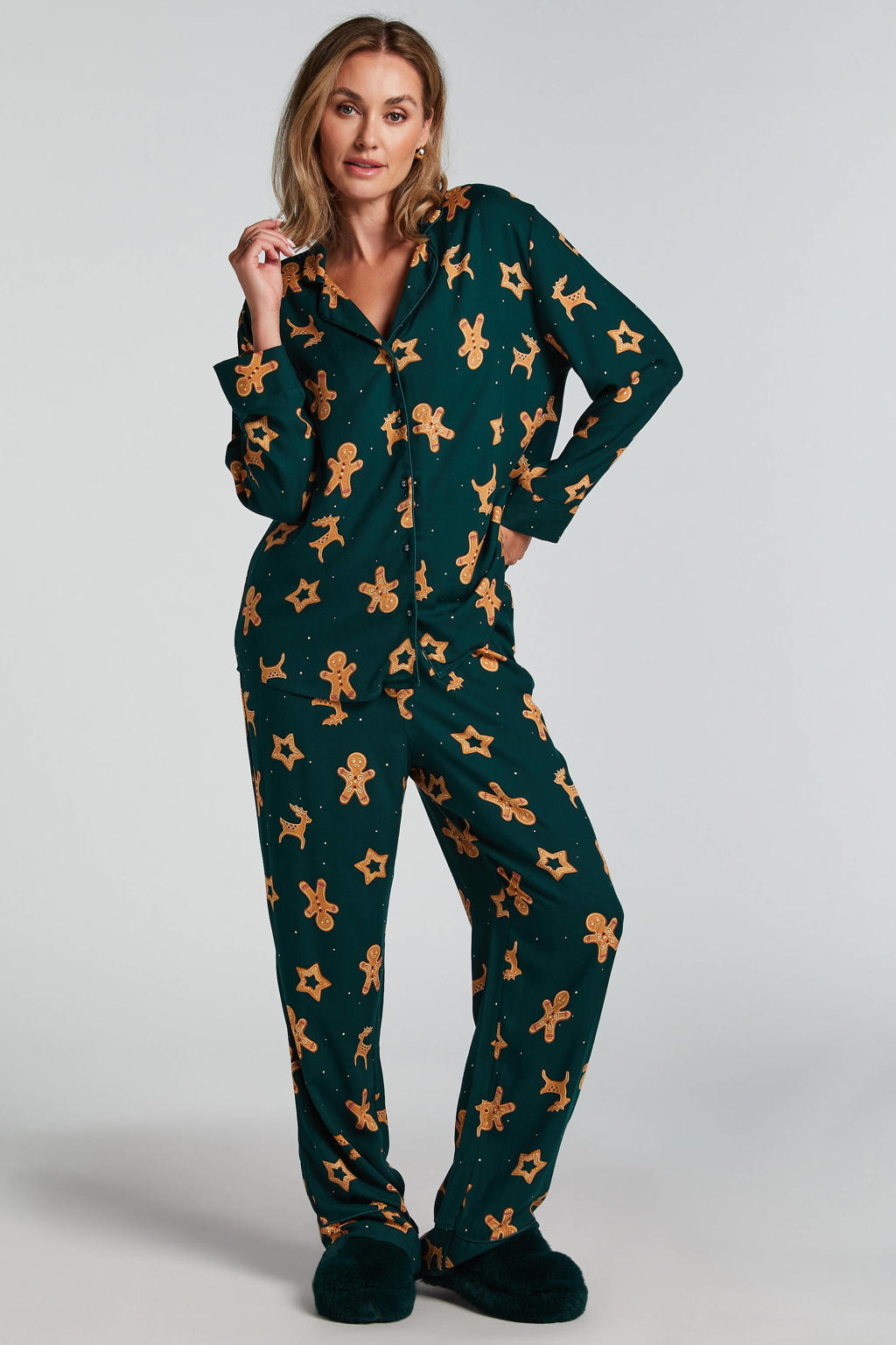 Hunkemöller pyjama donkergroen met kerst print