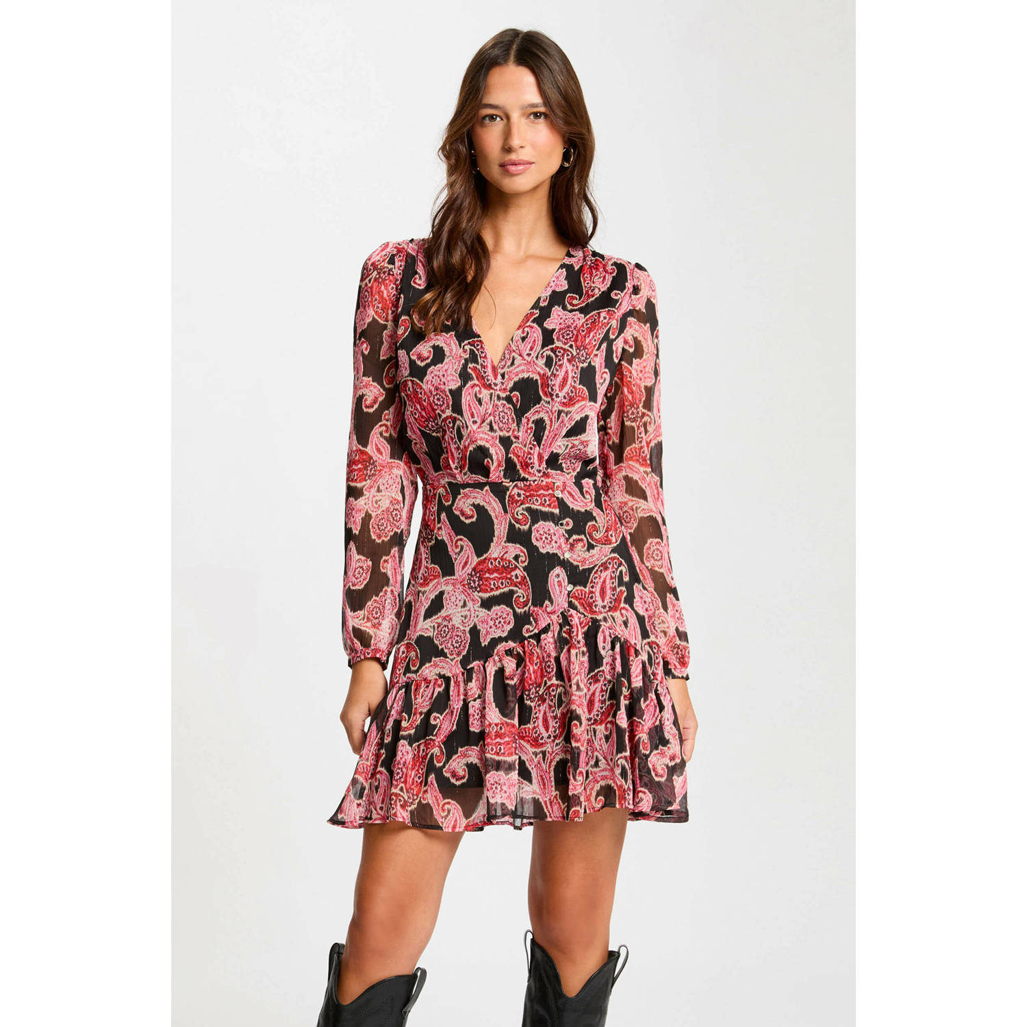 Morgan jurk met paisleyprint en volant rood zwart