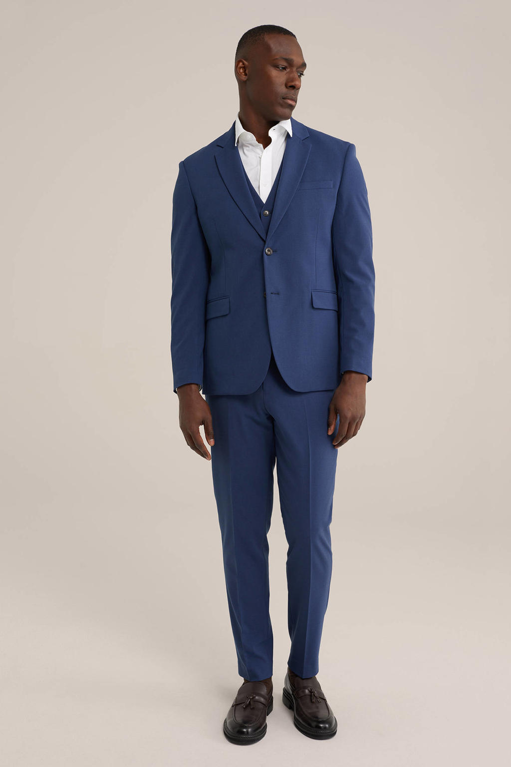 Blauwe heren WE Fashion Tall fit colbert van polyester met effen, reverskraag en geweven detail