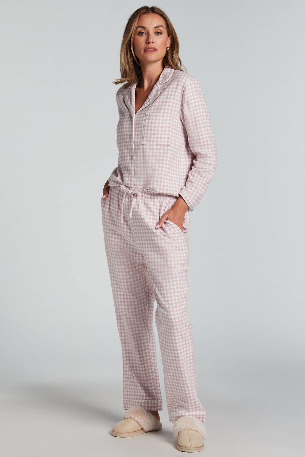 Hunkemöller flanellen pyjamabroek roze/wit