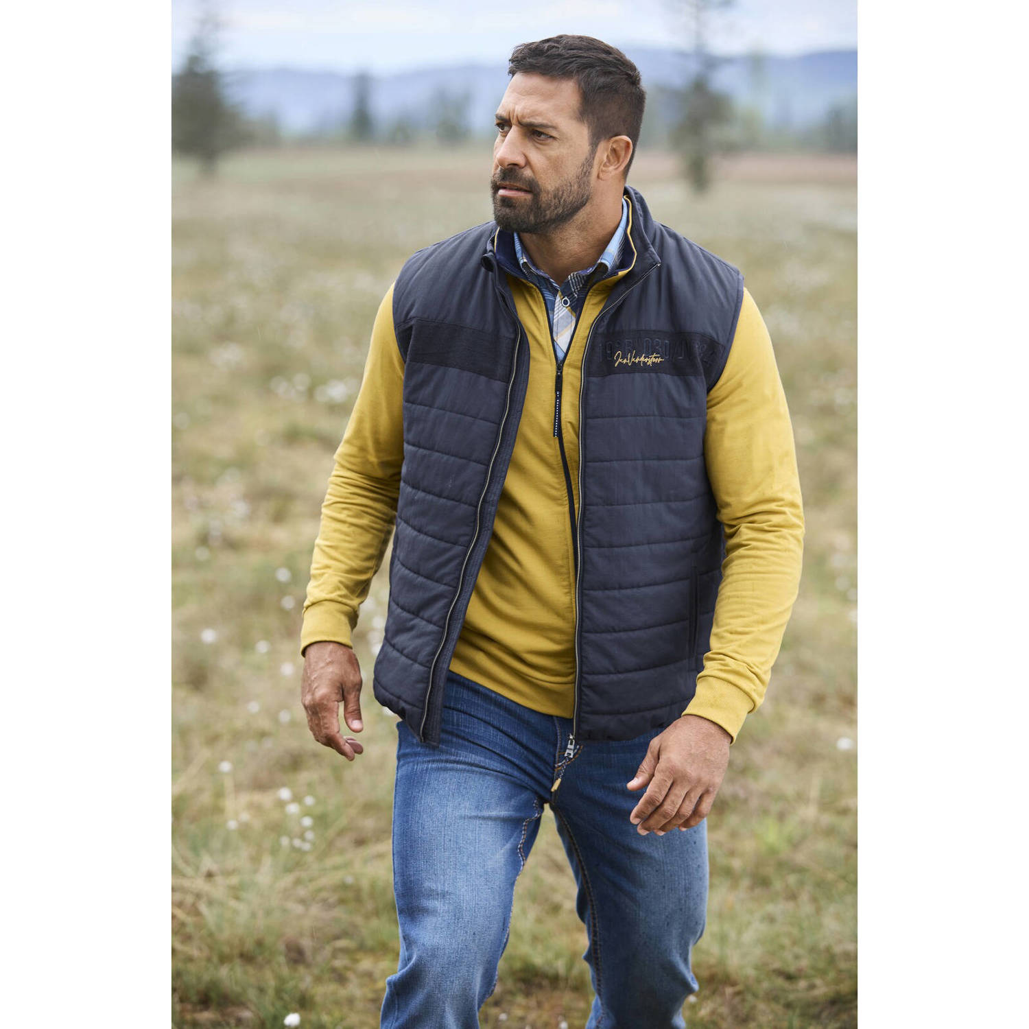 Jan Vanderstorm bodywarmer ULOF Plus Size met printopdruk en borduursels donkerblauw
