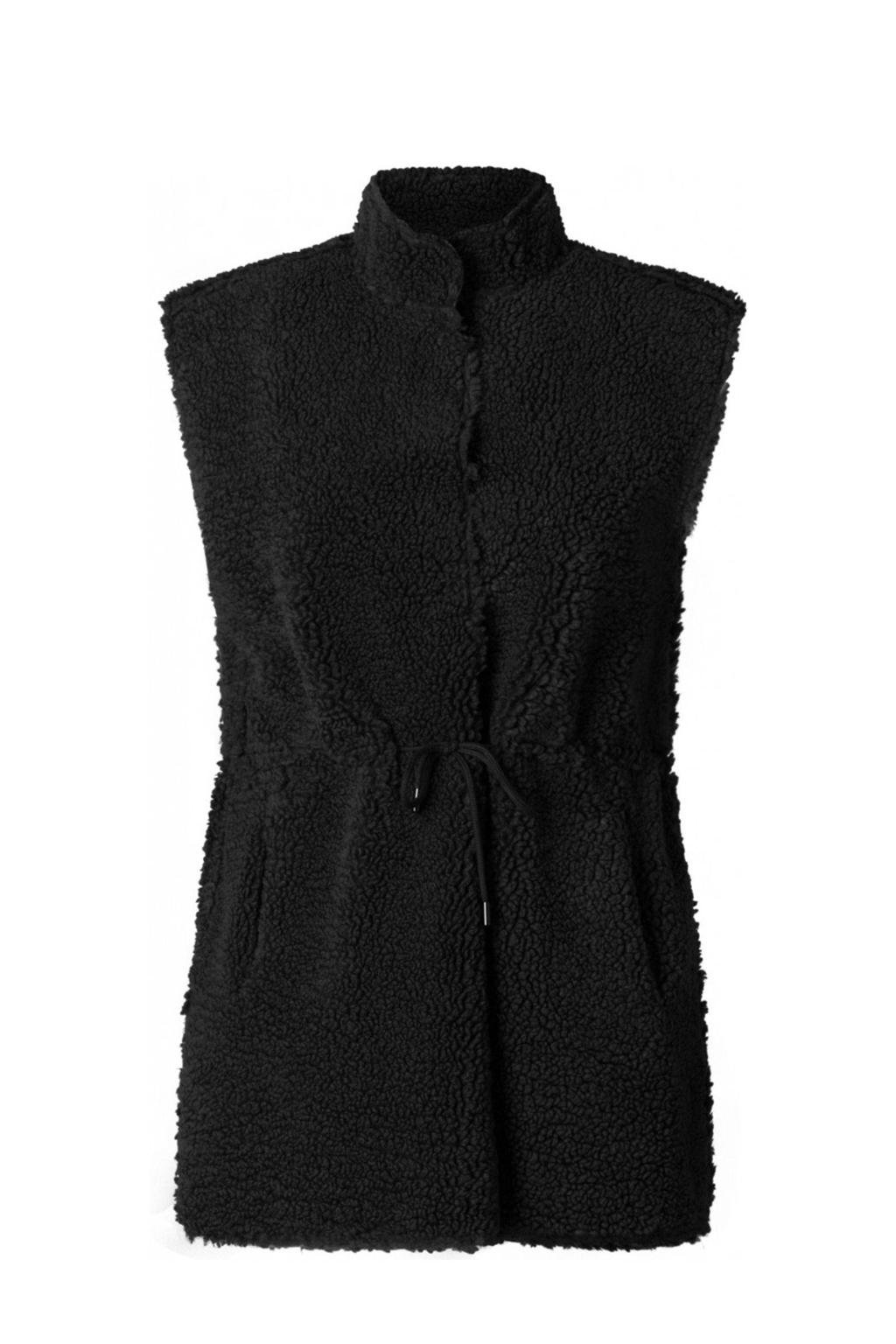 Zwarte dames Yesta gilet van teddy materiaal met effen, opstaande kraag, knoopsluiting en teddy detail