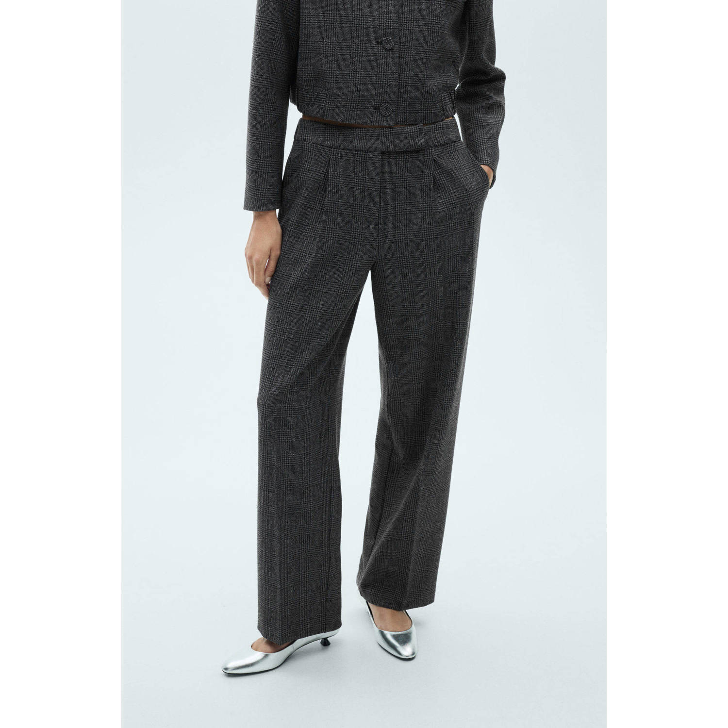 Mango geruite wide leg broek antraciet