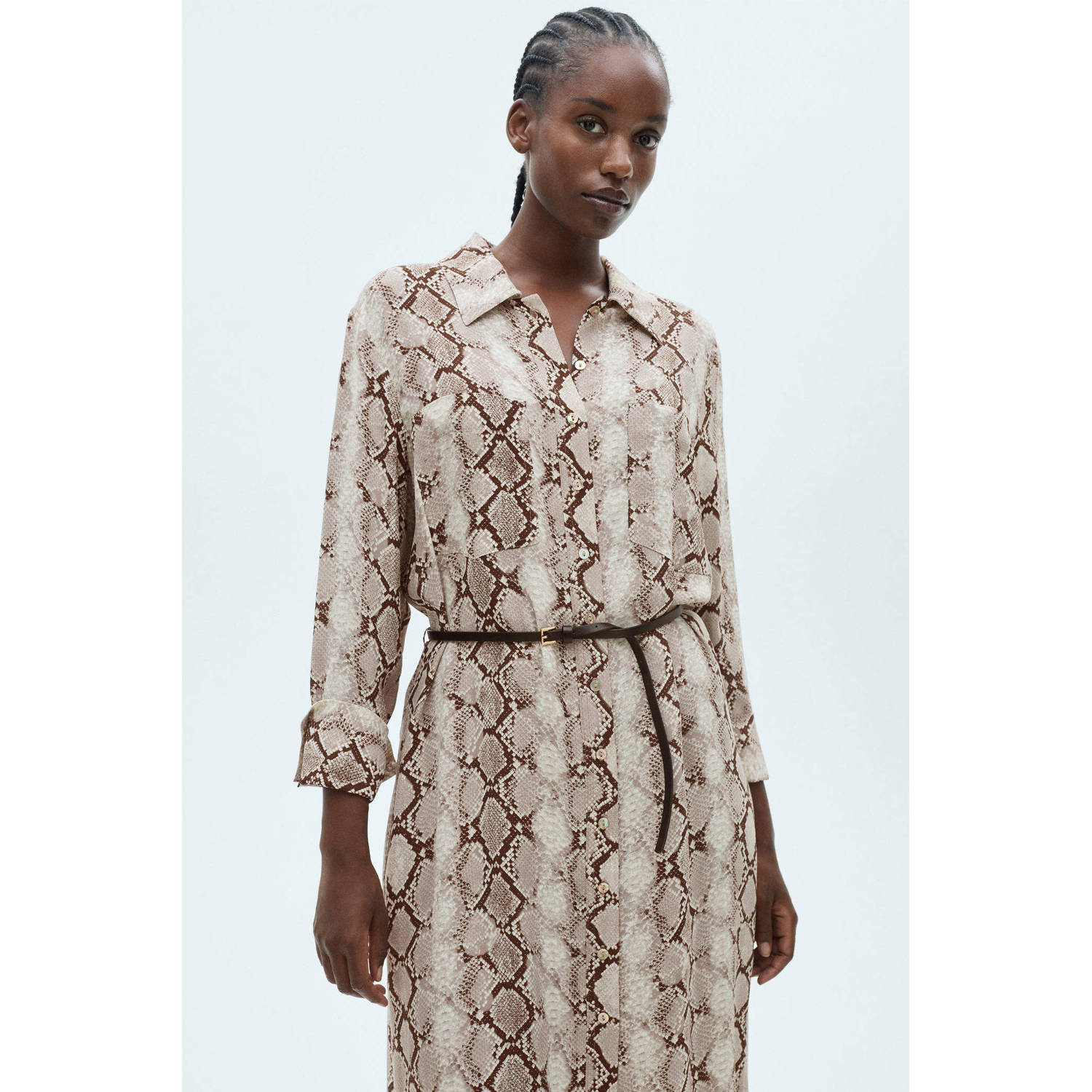 Mango blousejurk met dierenprint en ceintuur grijsbruin