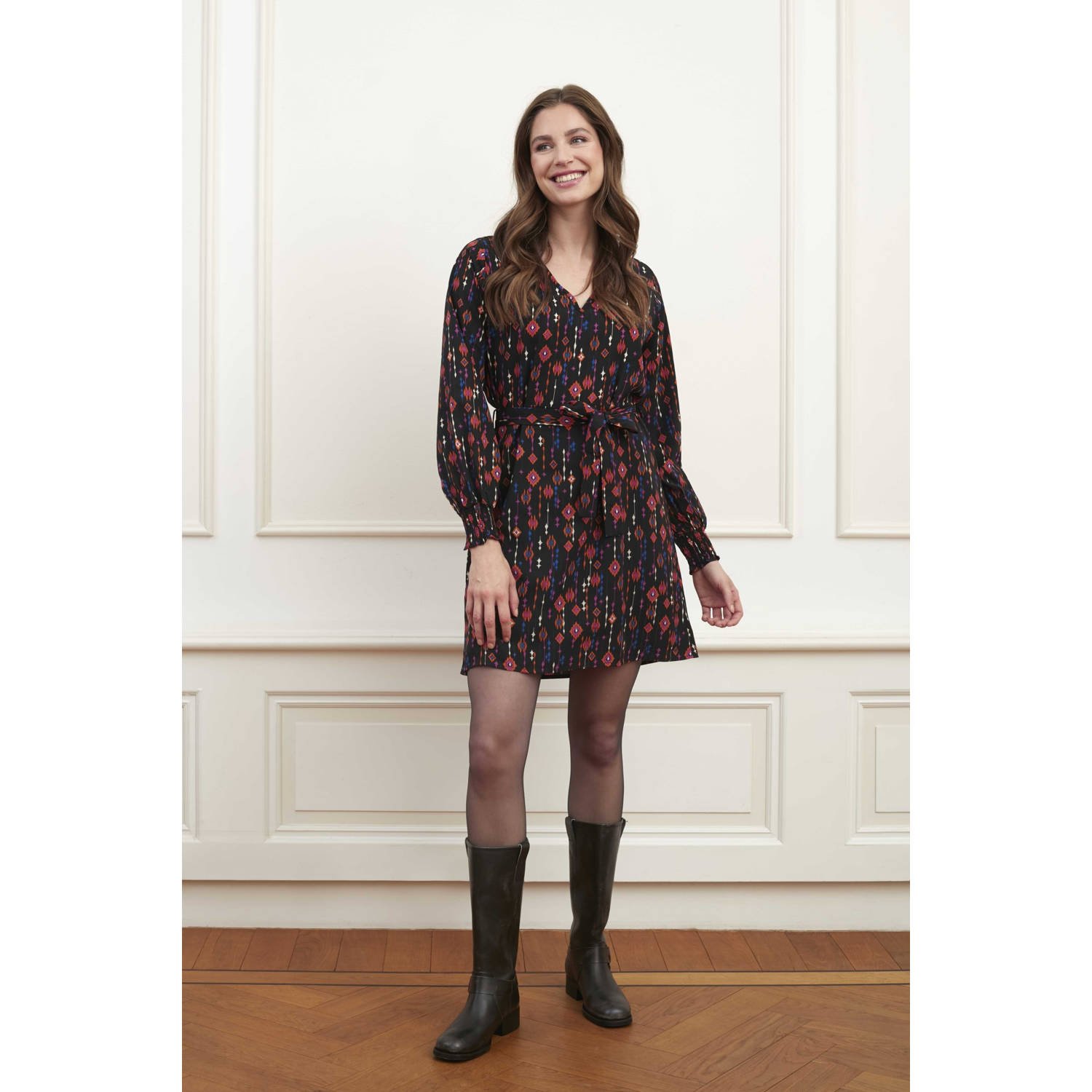Lofty Manner blousejurk Sofie met all over print zwart multi