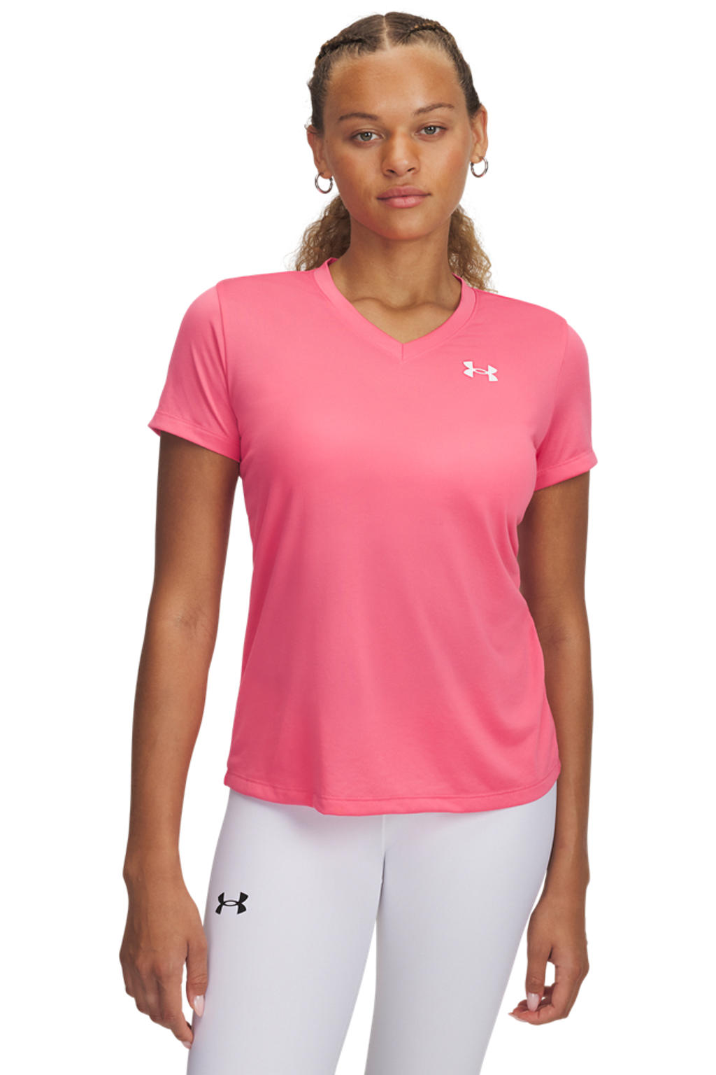 Roze dames Under Armour sportshirt Tech van polyester met effen, korte mouwen en V-hals