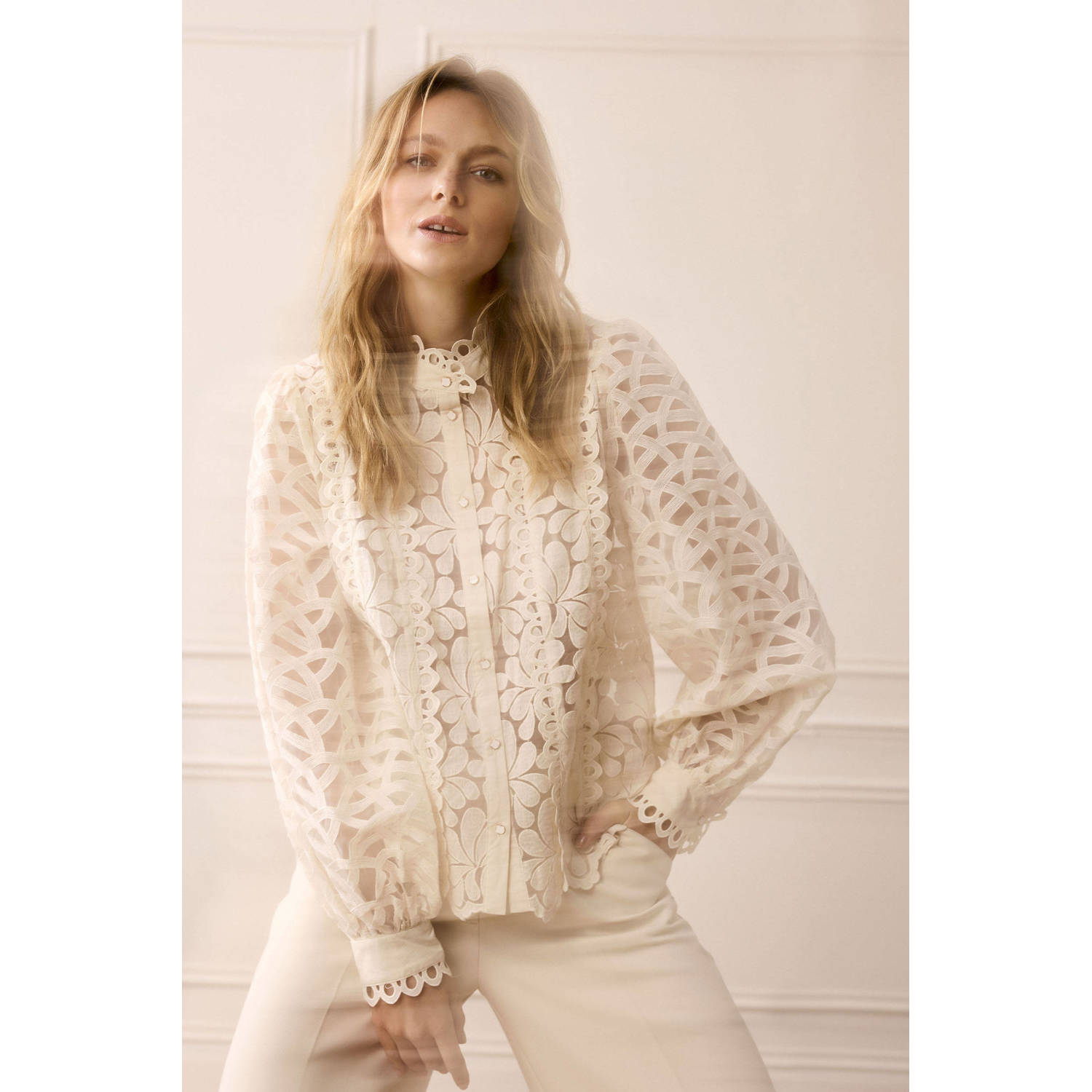Summum Woman Kanten Organza Blouse Lange Mouw Beige Dames