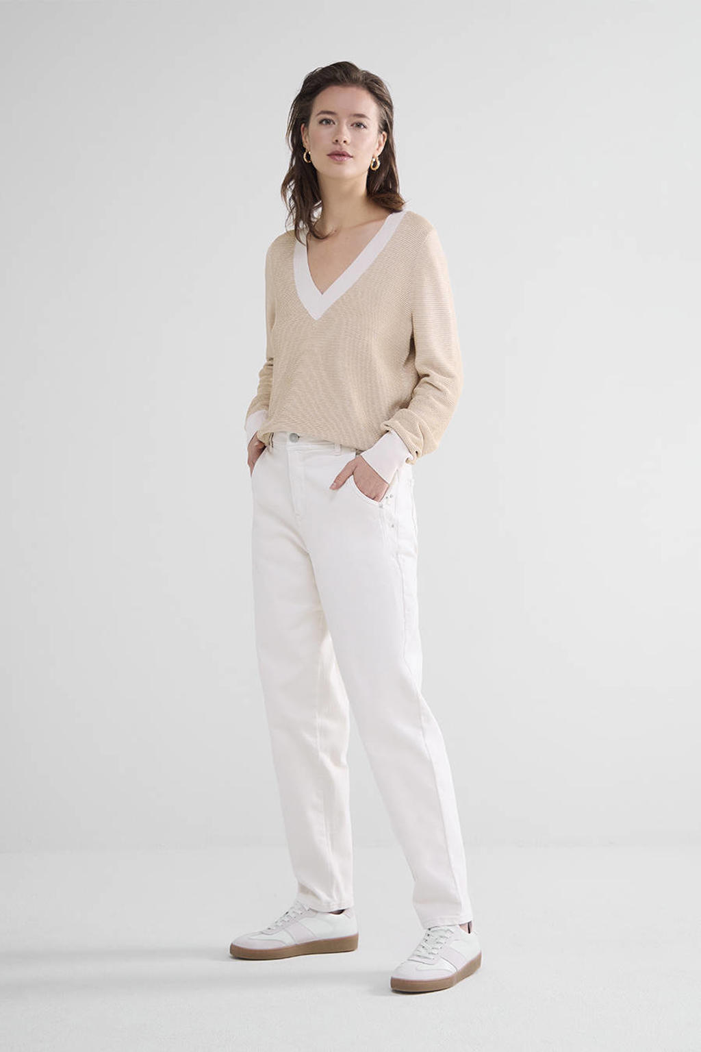 Ivoorkleurige dames Summum Slim fit jeans van katoen met regular waist en effen
