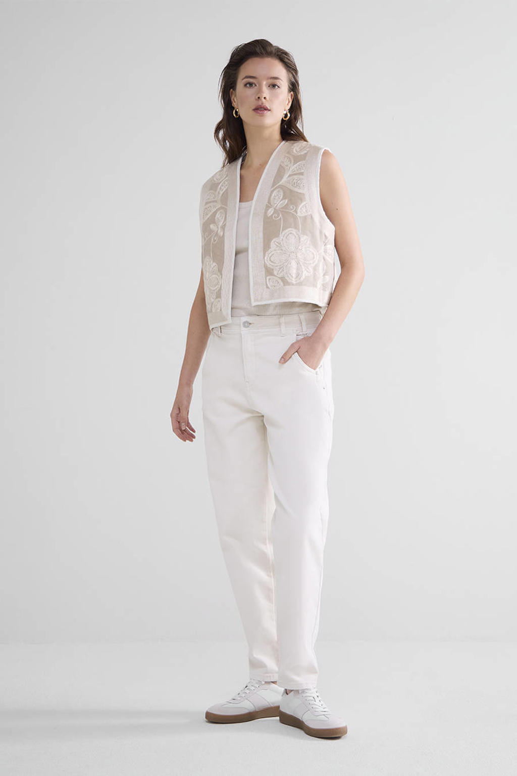 Beige en ecru dames Summum gebloemd gilet van katoen met openvallende hals