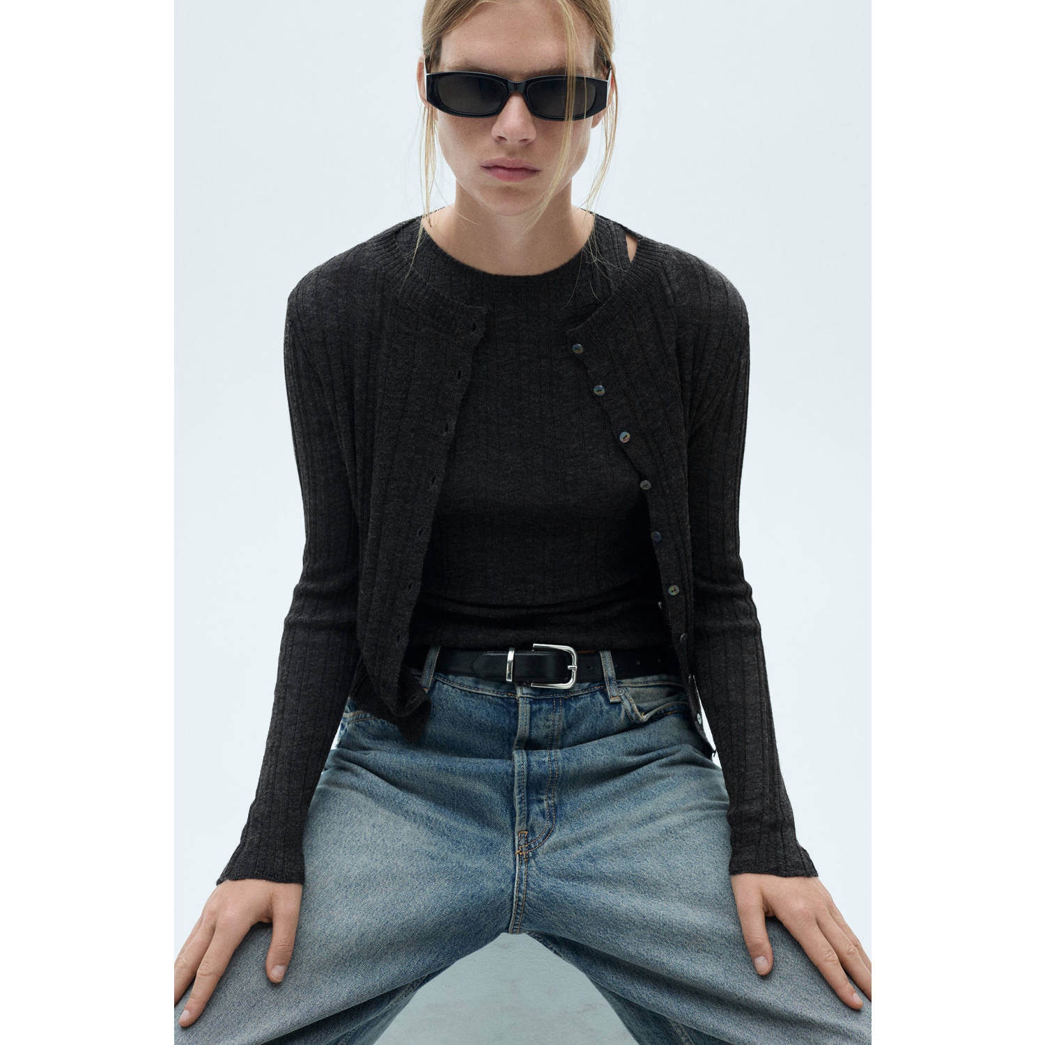 Mango gebreid vest met ingebreid patroon antraciet