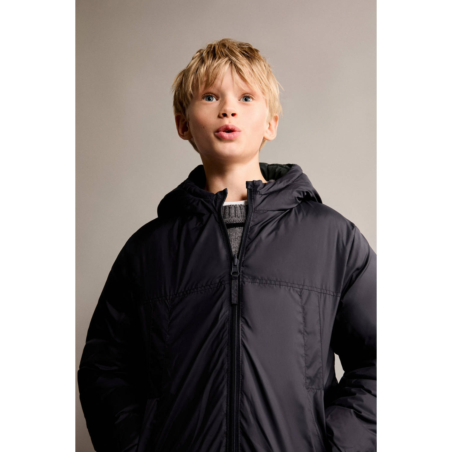 Mango Kids reversible gewatteerde winterjas zwart donkergroen