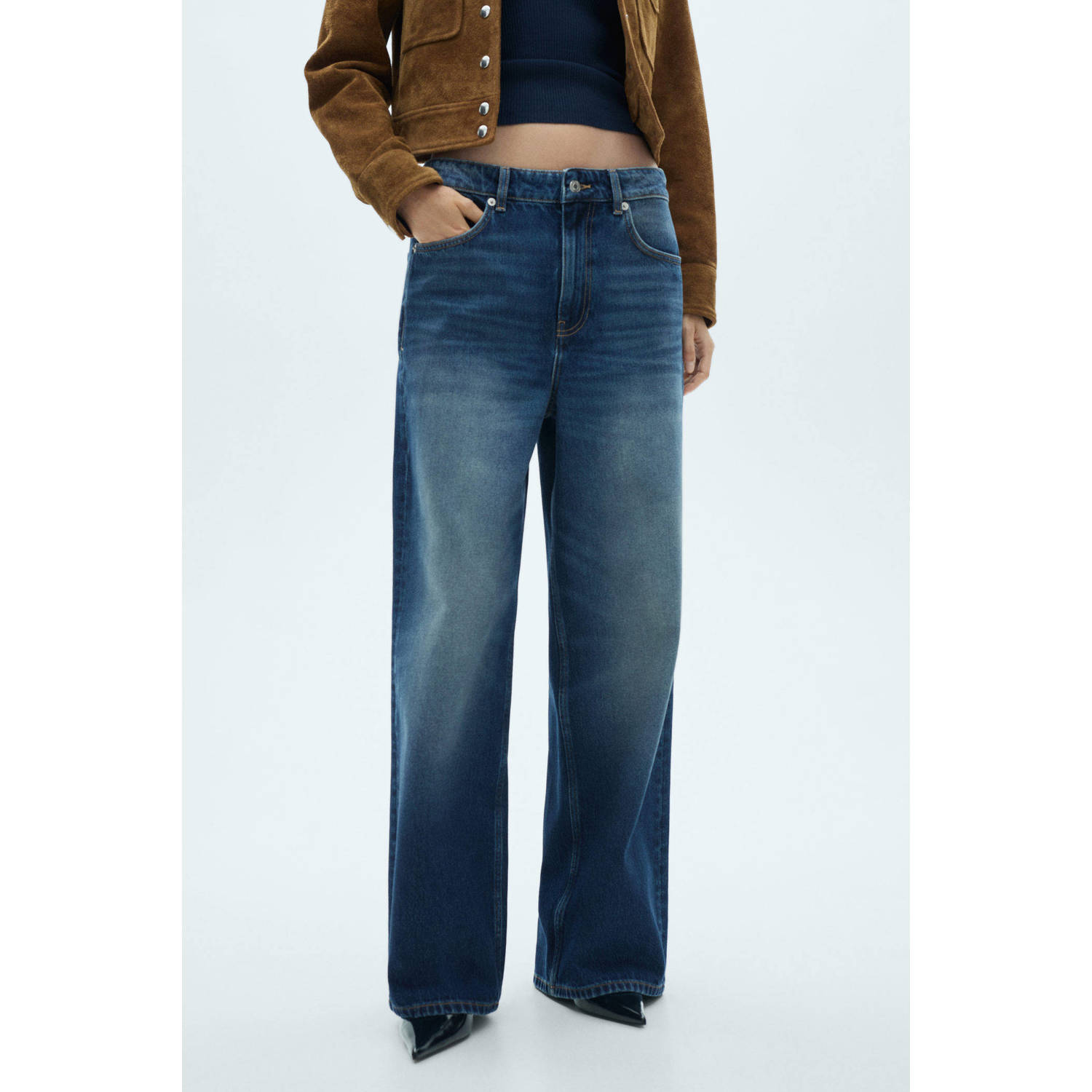 Mango low waist wide leg jeans dark blue denim