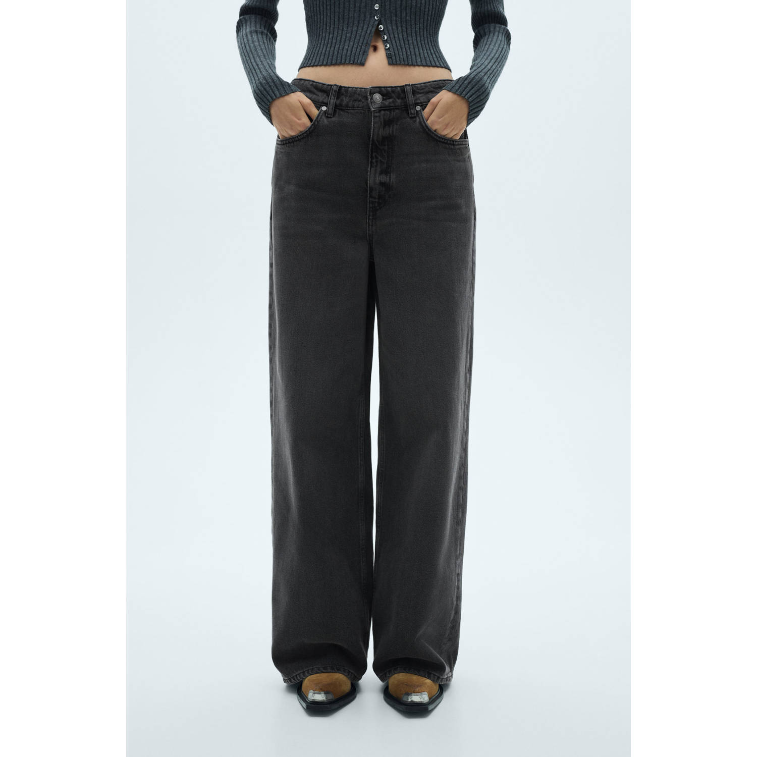 Mango wide leg regular waist broek antraciet