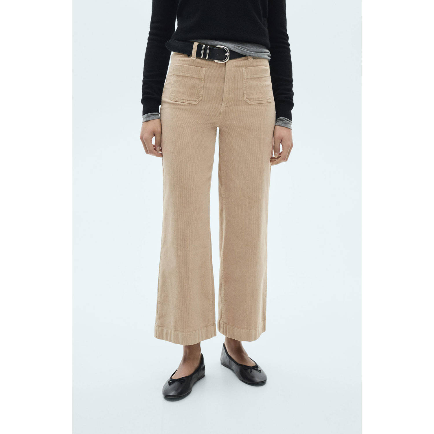 Mango corduroy cropped straight fit broek beige