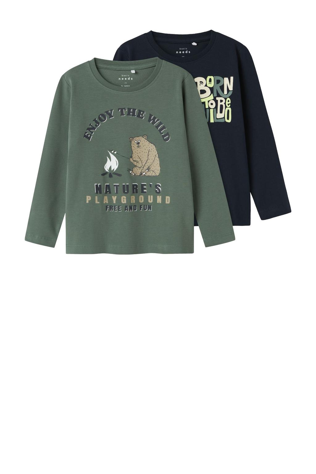 Set van 2 groen en zwarte jongens NAME IT MINI longsleeve van stretchkatoen met printopdruk, lange mouwen en ronde hals