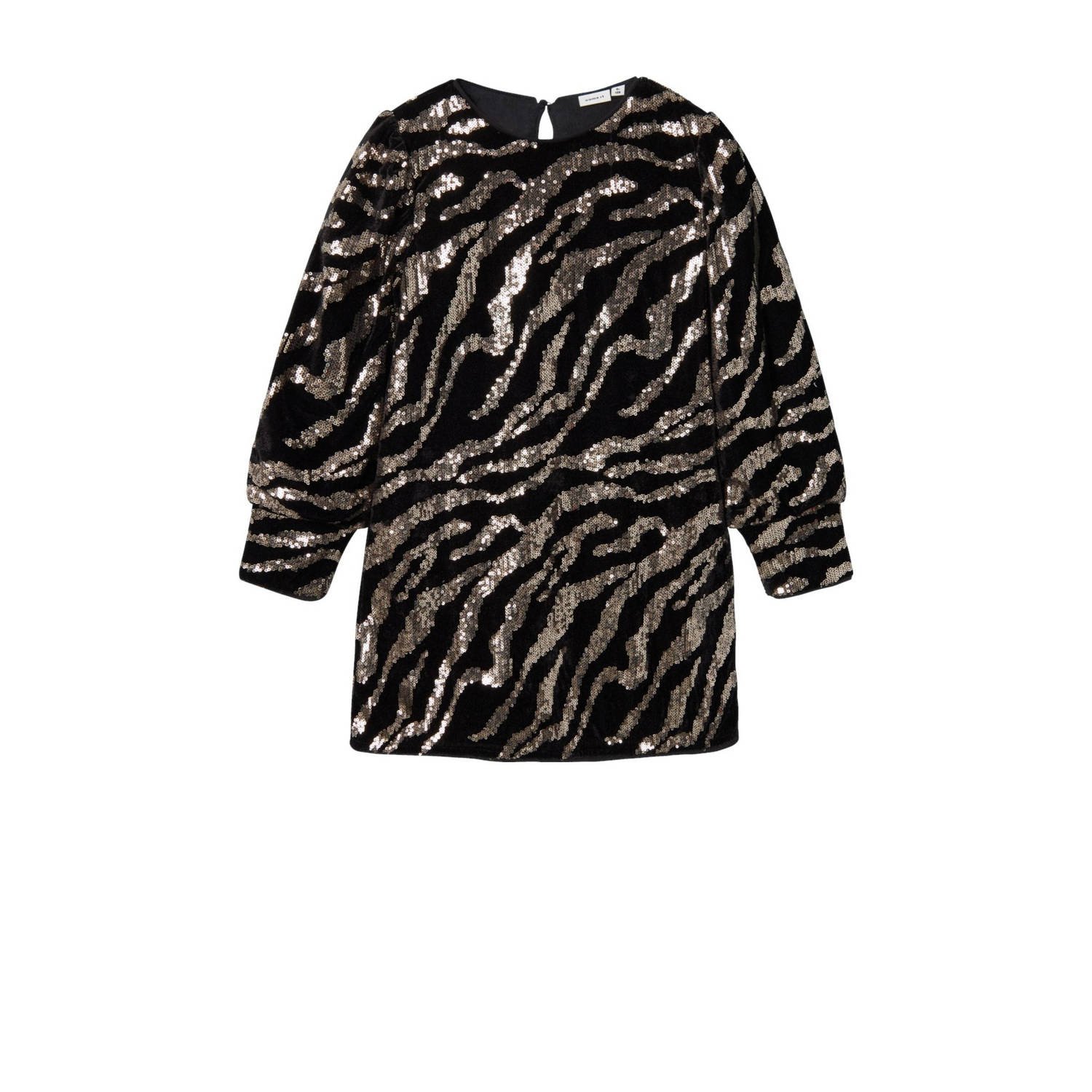 NAME IT KIDS A-lijn jurk NKFRANIMAL met zebraprint en pailletten zwart brons