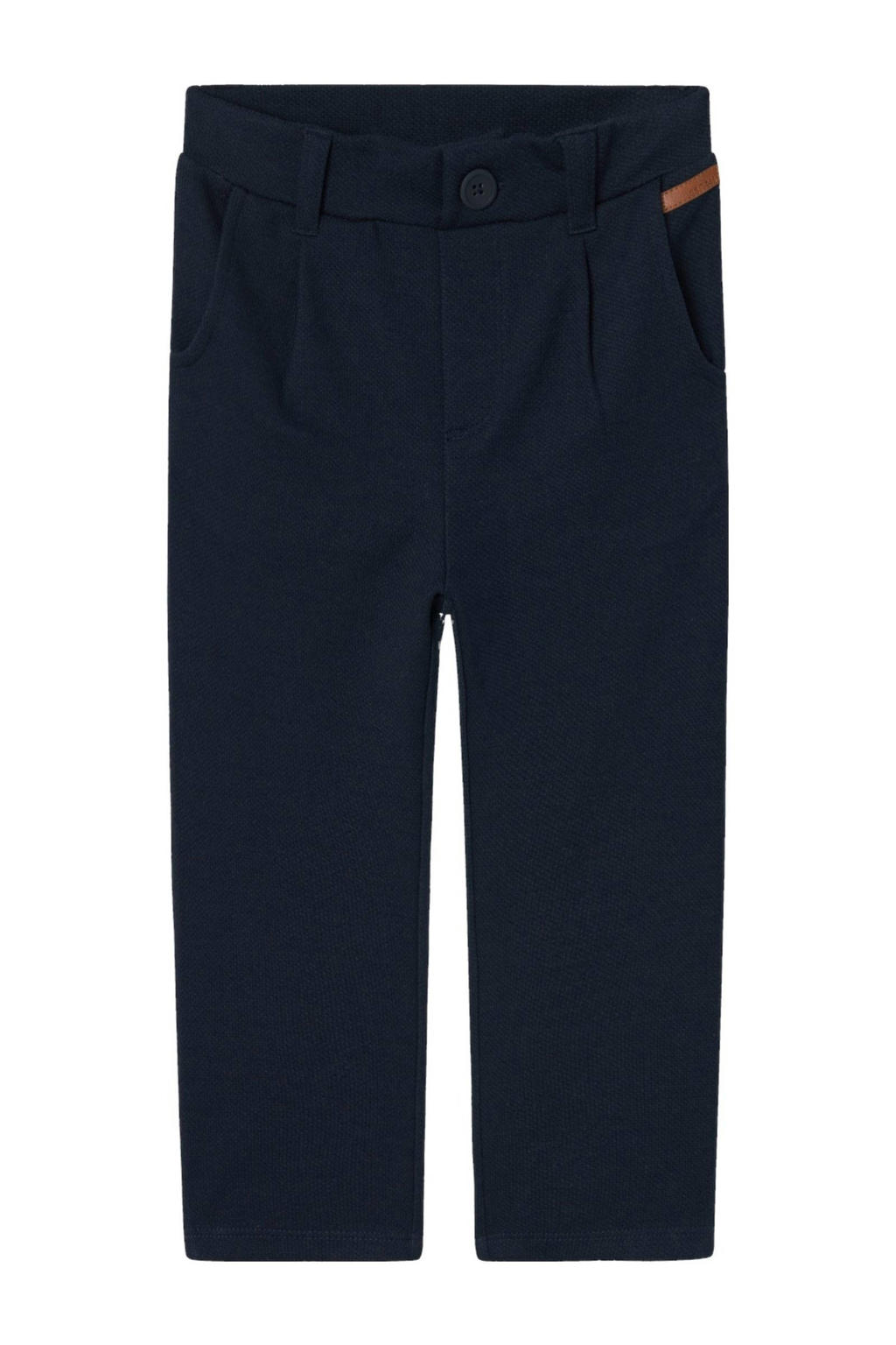 Donkerblauwe jongens NAME IT MINI baby gemêleerde broek van polyester met regular fit, knoopsluiting en melée print