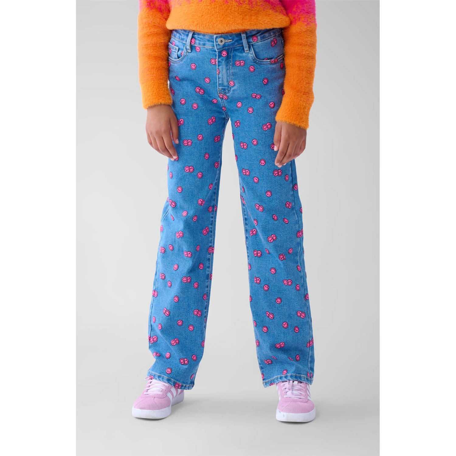Shoeby high waist straight leg jeans met all over print blauw roze