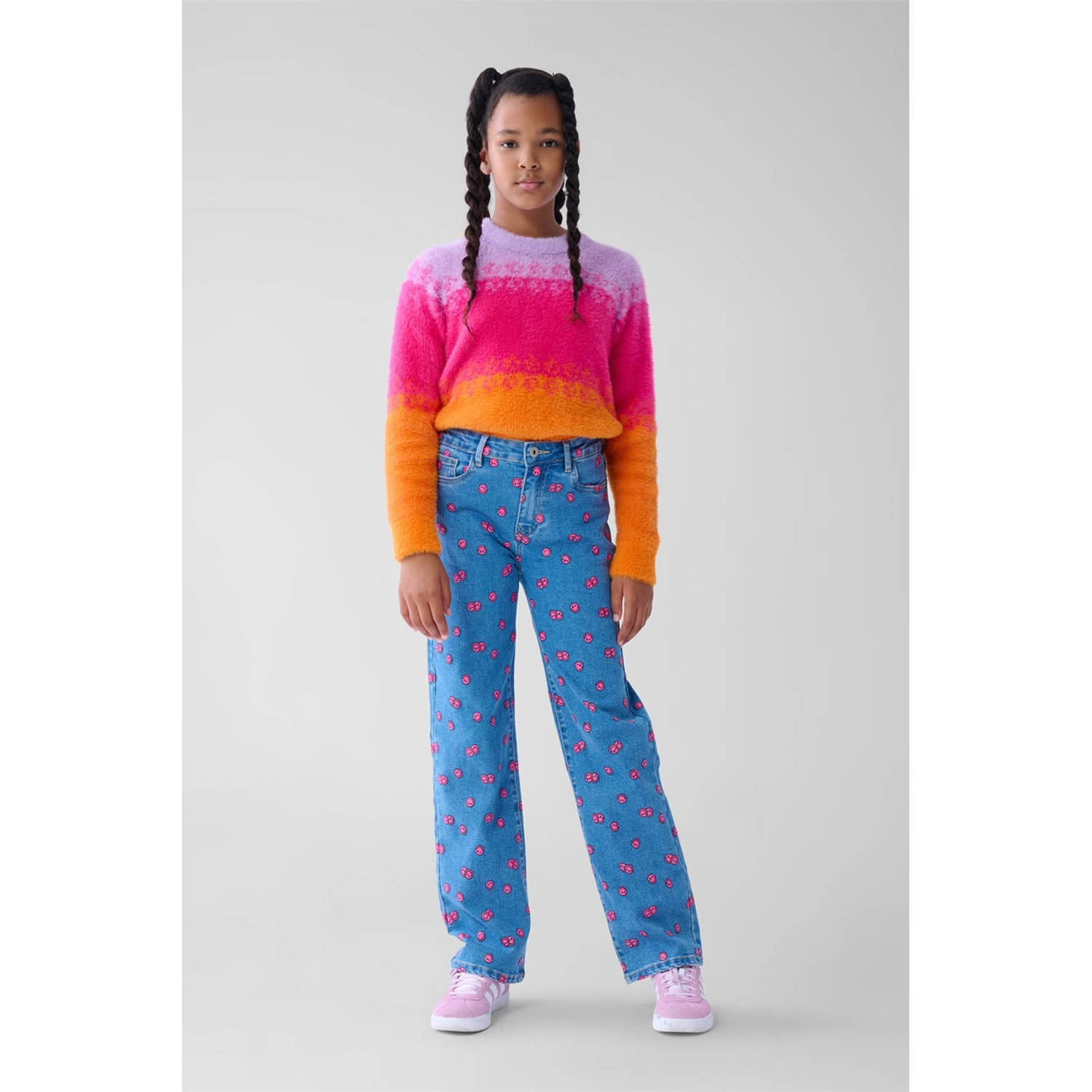 Shoeby high waist straight leg jeans met all over print blauw roze