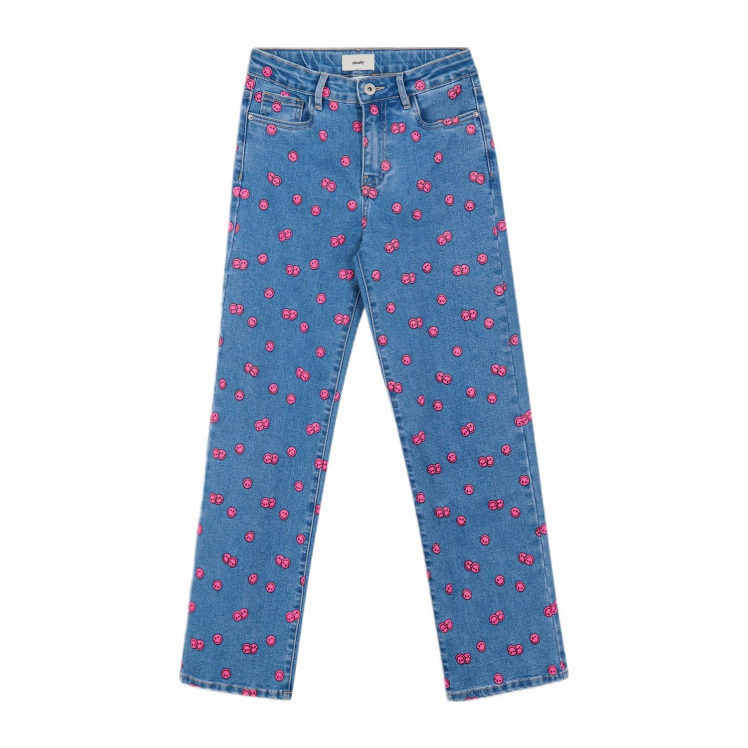 Shoeby high waist straight leg fit jeans met all over print blauw roze