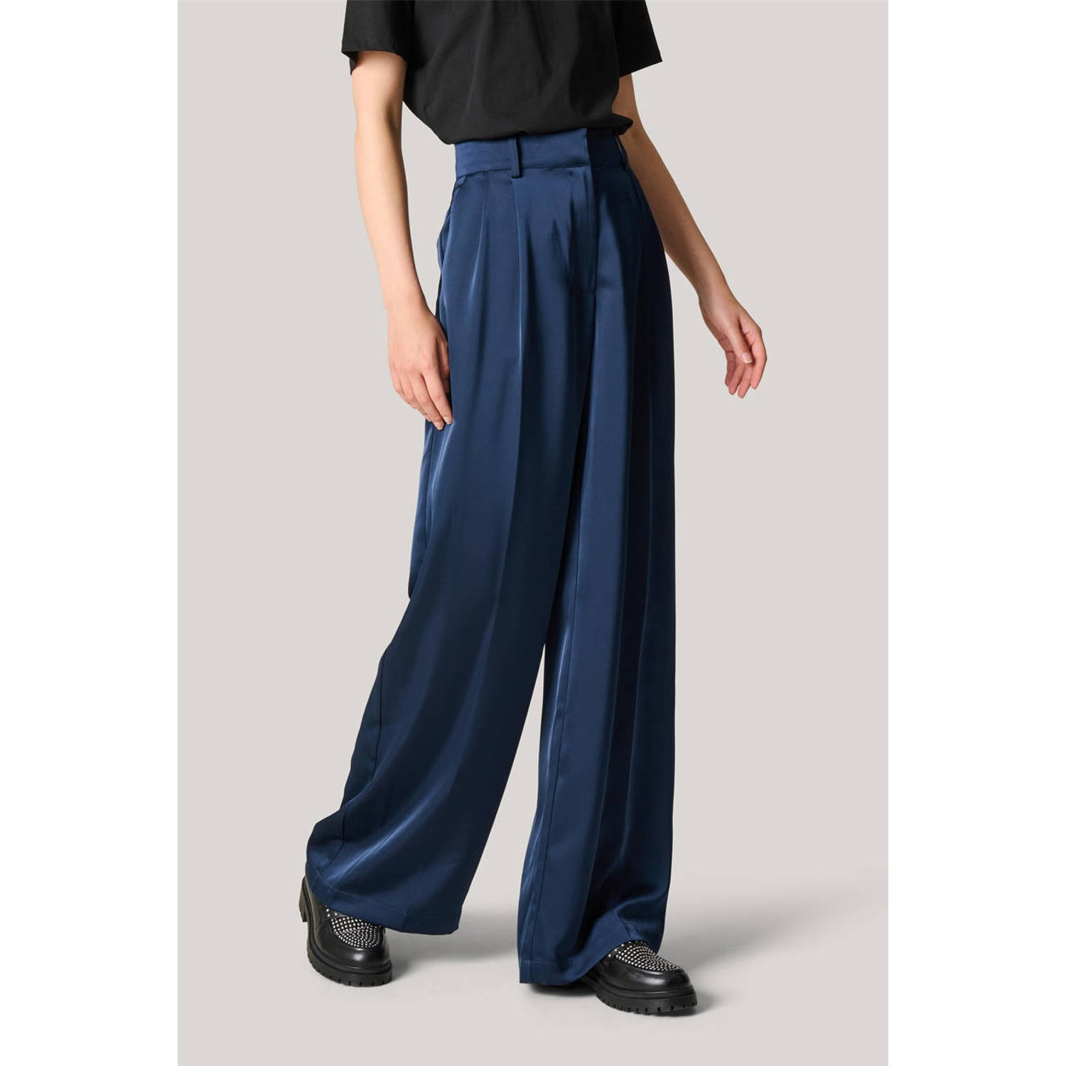 Shoeby satijnen high waist wide leg pantalon donkerblauw