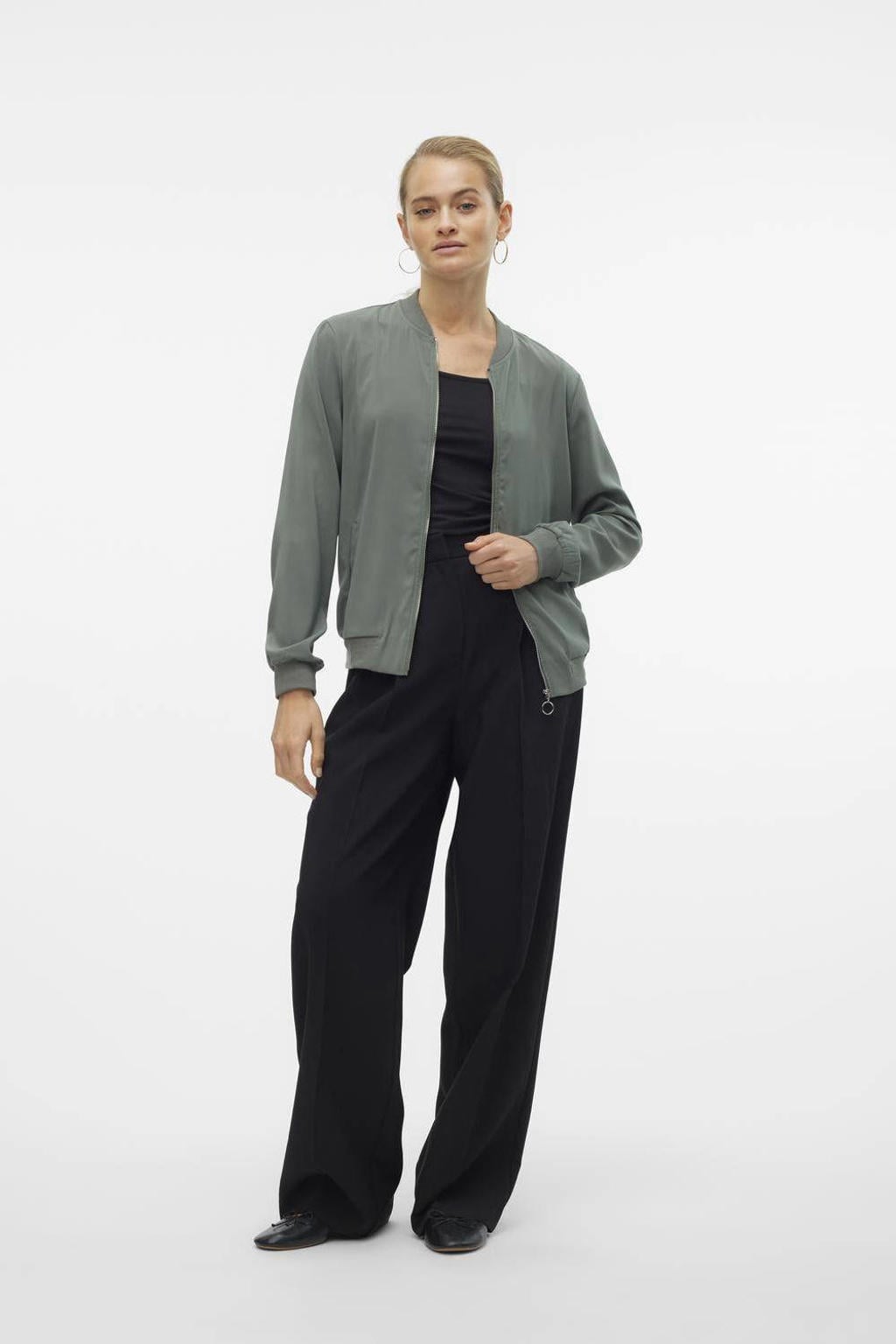 Lichtgroene dames VERO MODA jasje van polyester met effen, lange mouwen, ronde hals en ritssluiting