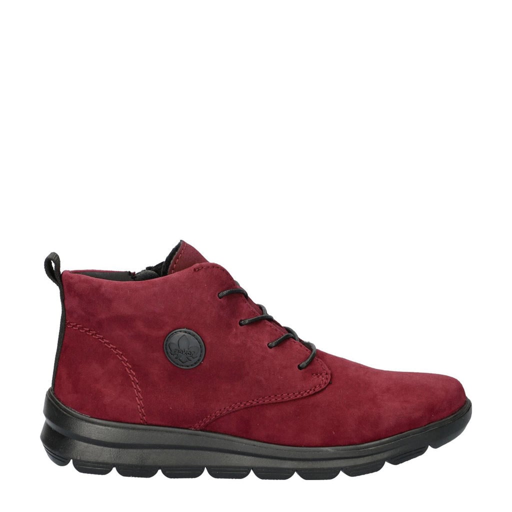 Bordeaux dames Rieker gevoerde nubuck veterboots rood met rits- en vetersluiting