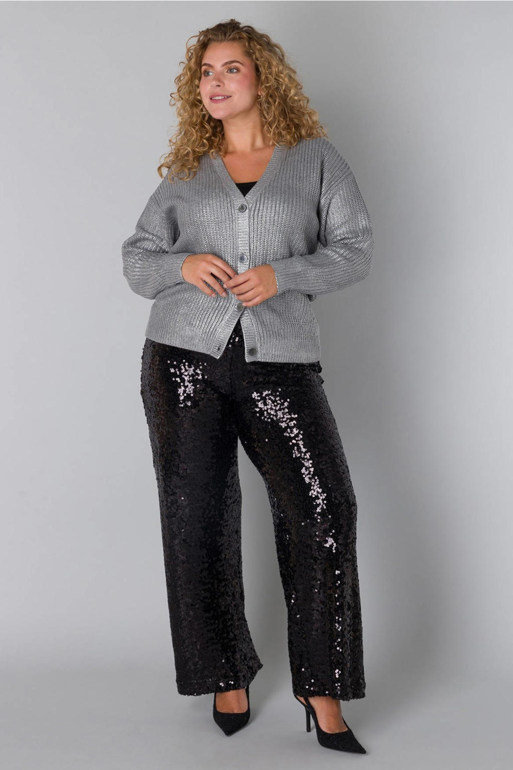 Zilver en grey dames Yesta vest van katoen met effen, lange mouwen, V-hals en knoopsluiting