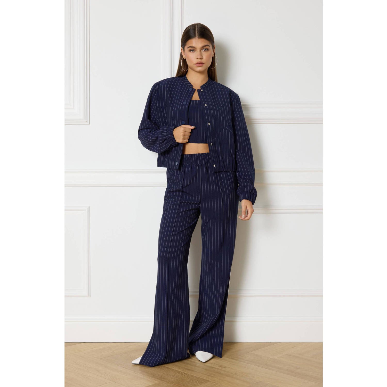 Refined Department high waist straight fit broek Elena met krijtstreep donkerblauw