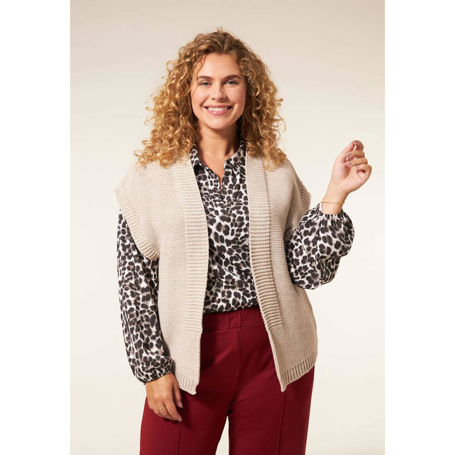 Miss Etam Plus gebreid gilet Grace beige