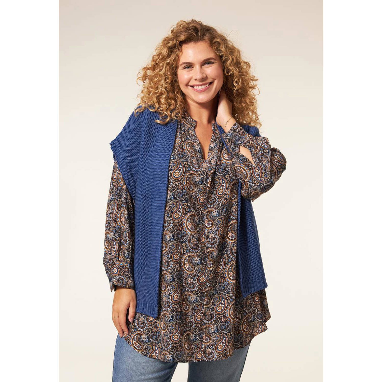 Miss Etam Plus gebreid gilet Grace blauw