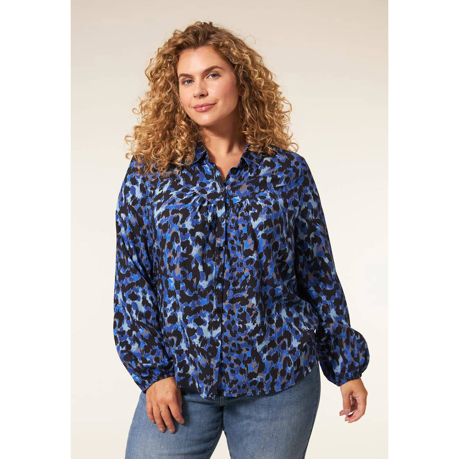 Miss Etam Plus blouse Gracie met panterprint blauw zwart