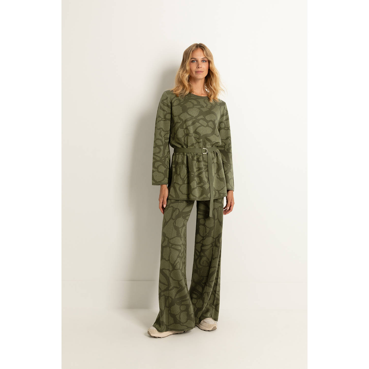Claudia Sträter high waist wide leg broek met all over print donkergroen