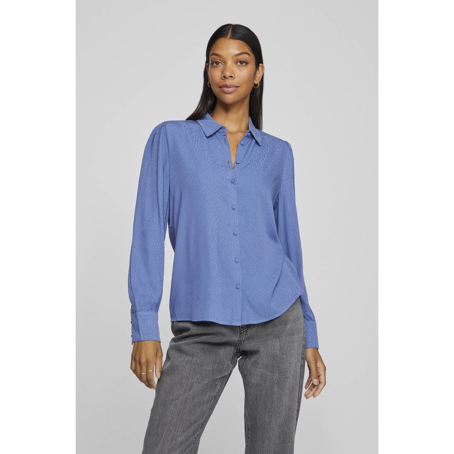 VILA blouse VIMOSALIA met all over print en plooien lichtblauw