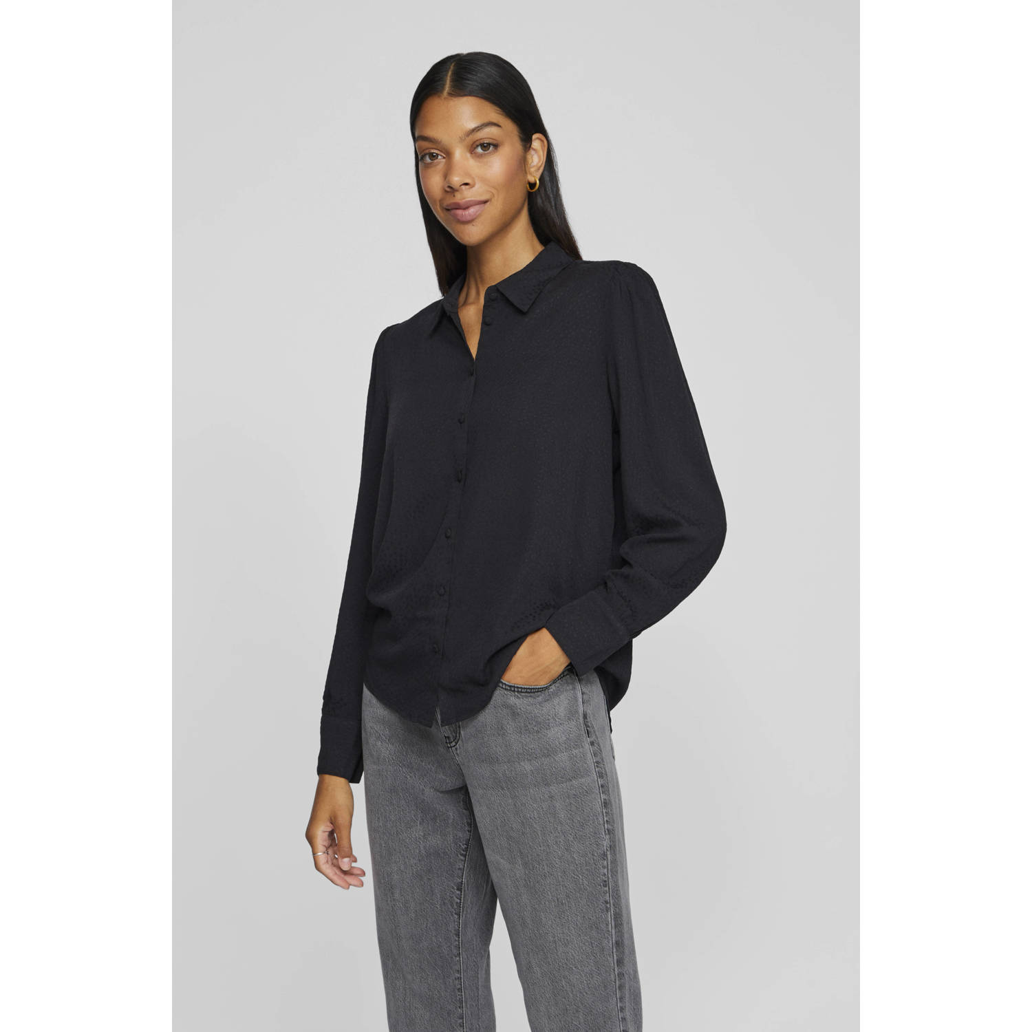 VILA blouse VIMOSALIA met all over print en plooien zwart