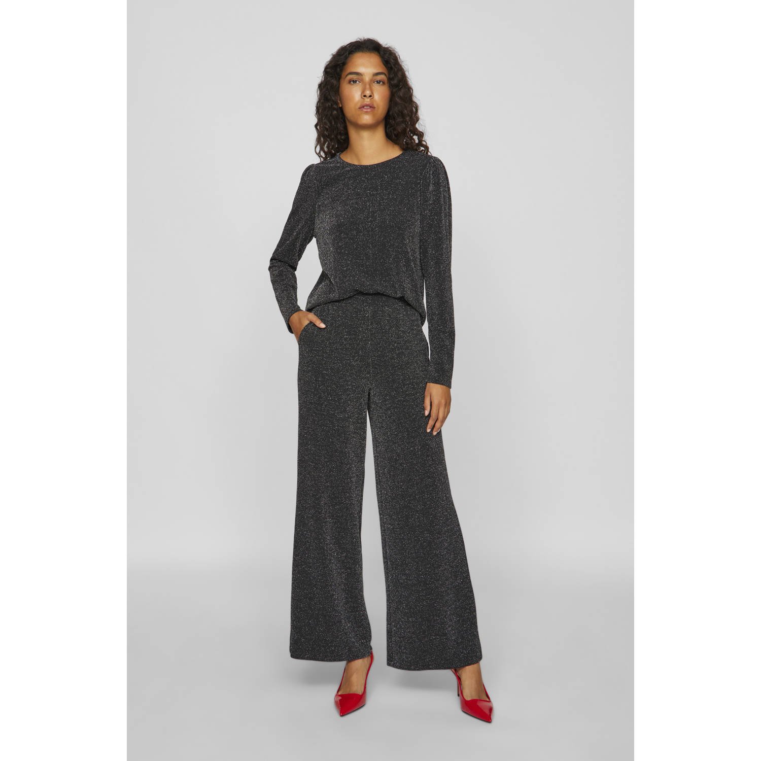 VILA high waist wide leg broek met glitters VIELEINA zwart zilver