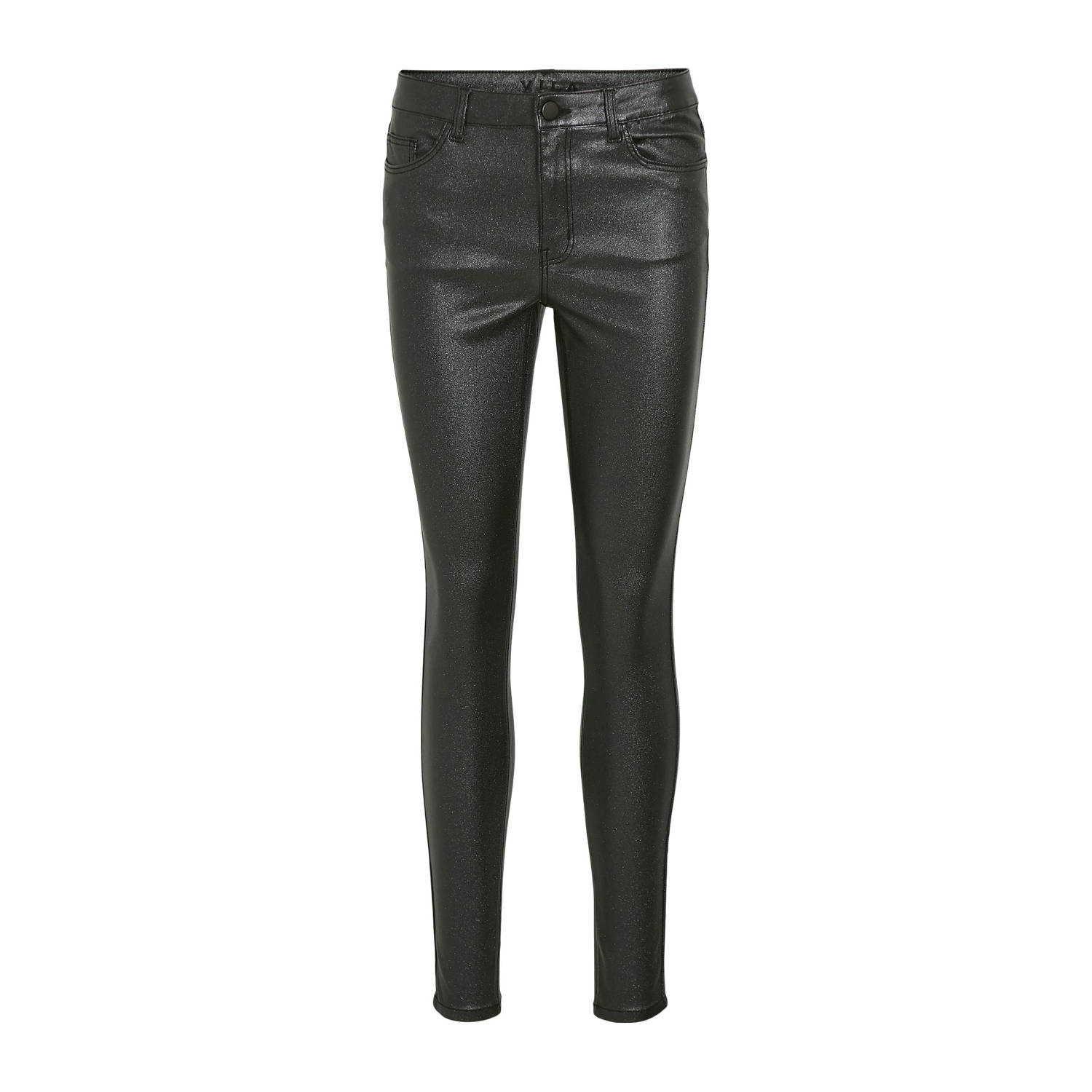 VILA coated skinny broek VISARAH met all over print en glitters zwart zilver