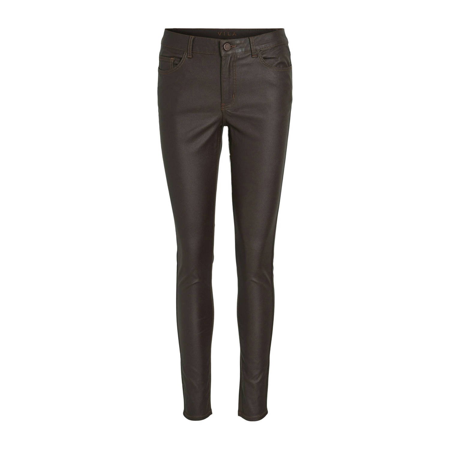 VILA coated skinny jeans VISARAH donkerbruin