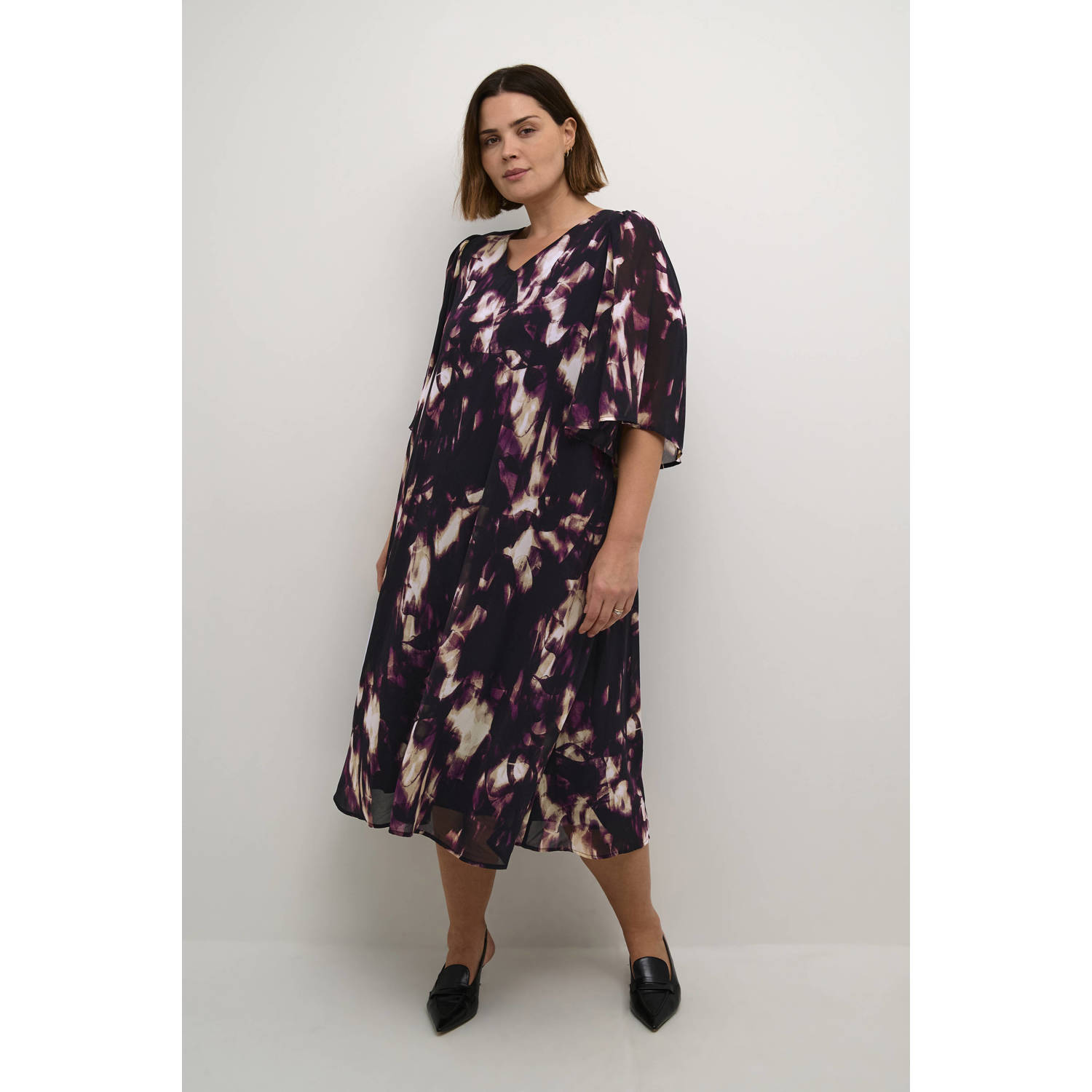 Kaffe Curve Paarse Wazige Grafische Jurk met Ruches Mouwen Purple Dames