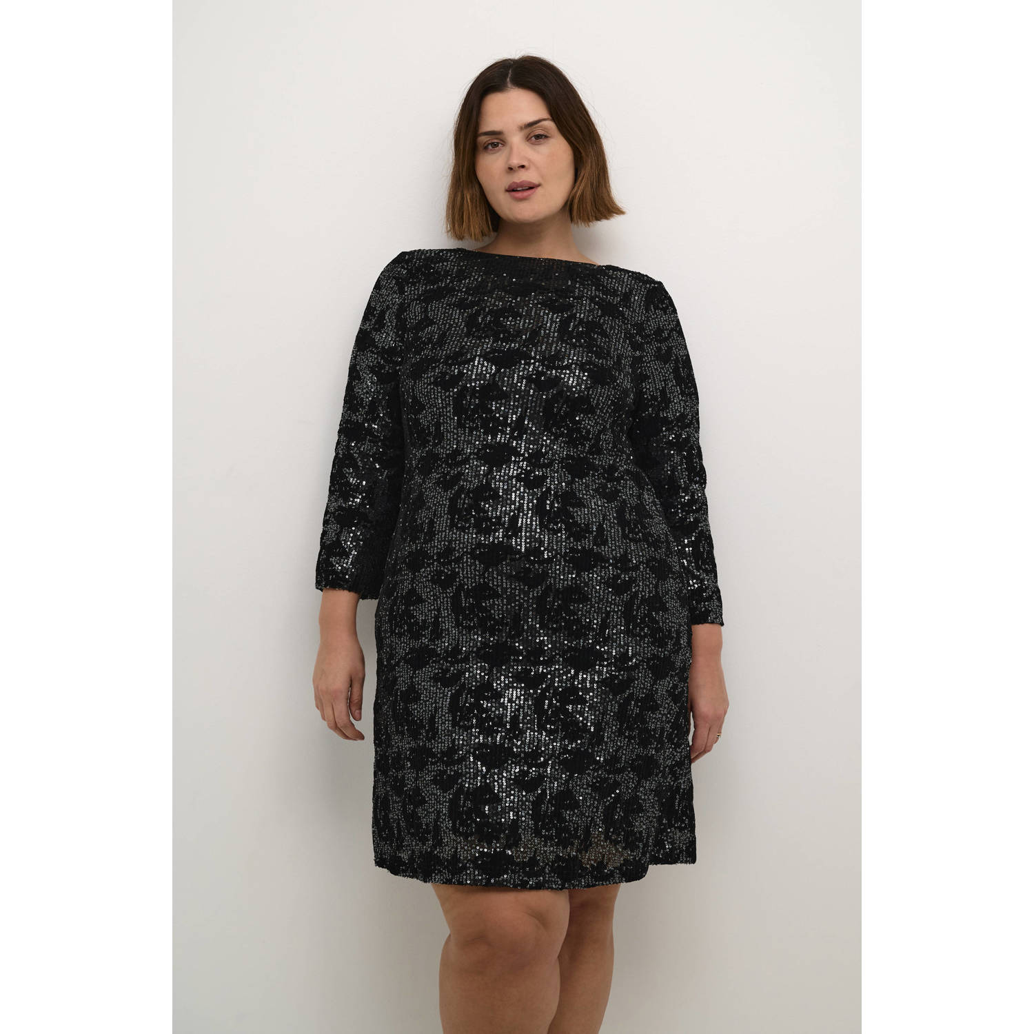 Kaffe Curve Pailletjurk Zwart Donker Zilver Black Dames