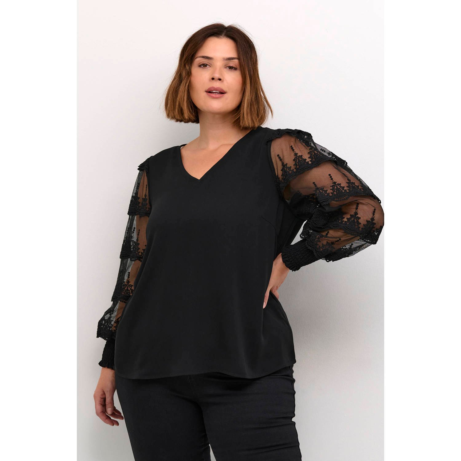 Kaffe Curve Blouse met meshmouwen en borduurwerk Zwart Black Dames