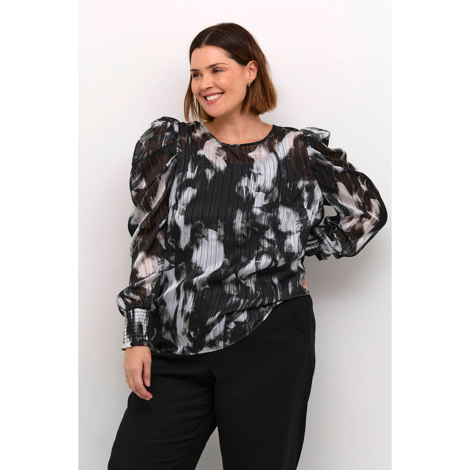 Kaffe Curve Abstract Print Blouse Zwart Grijs Grafisch Gray Dames