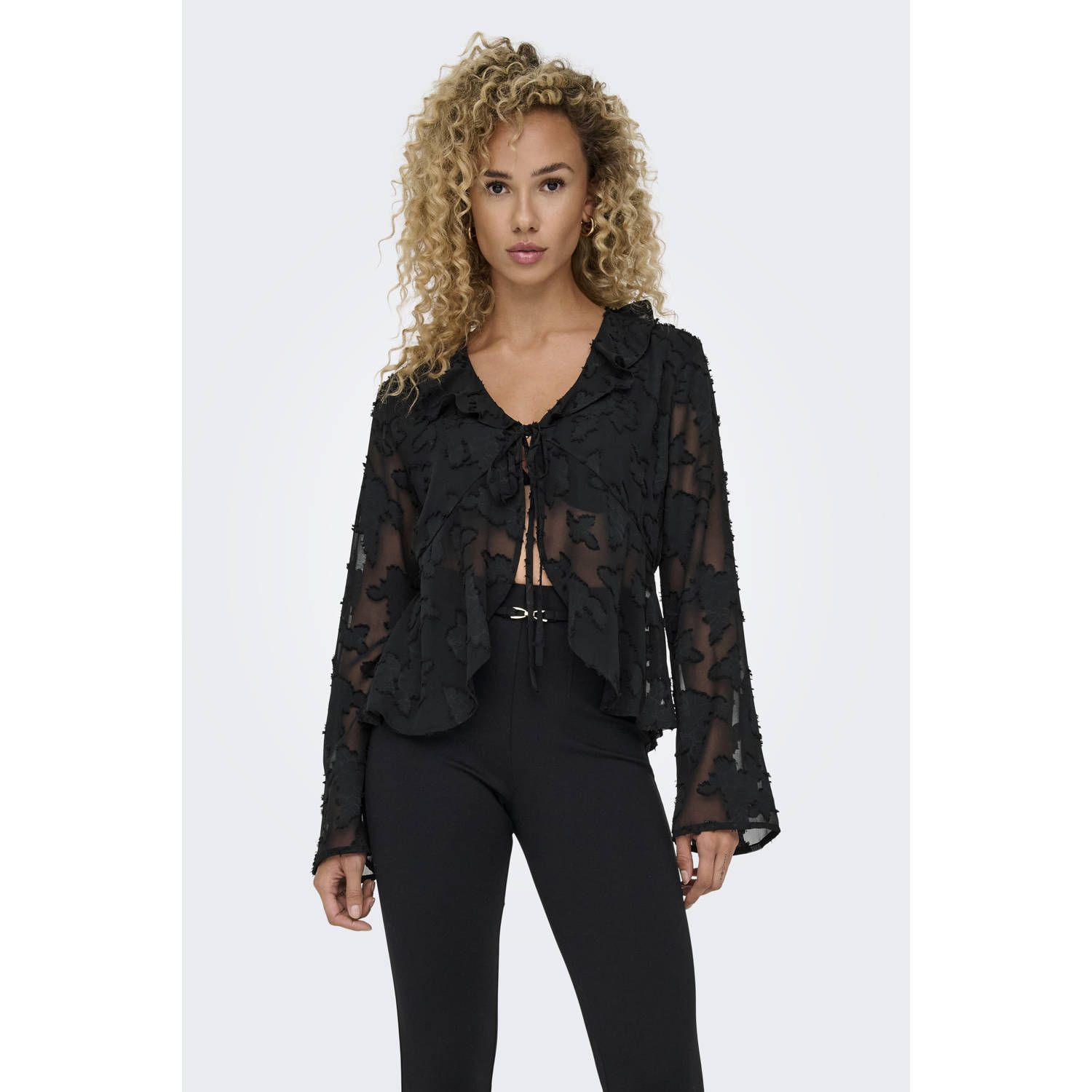 ONLY semi-transparante top ONLCORSY met all over print en kant zwart