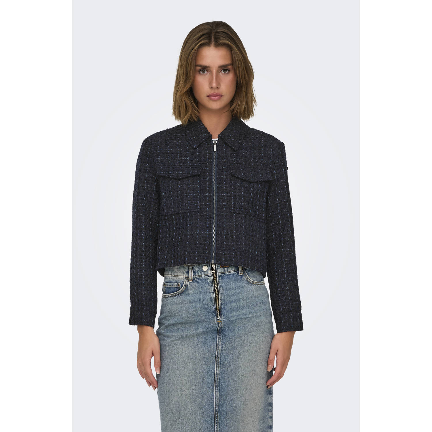 ONLY tweed jasje ONLSHONA donkerblauw