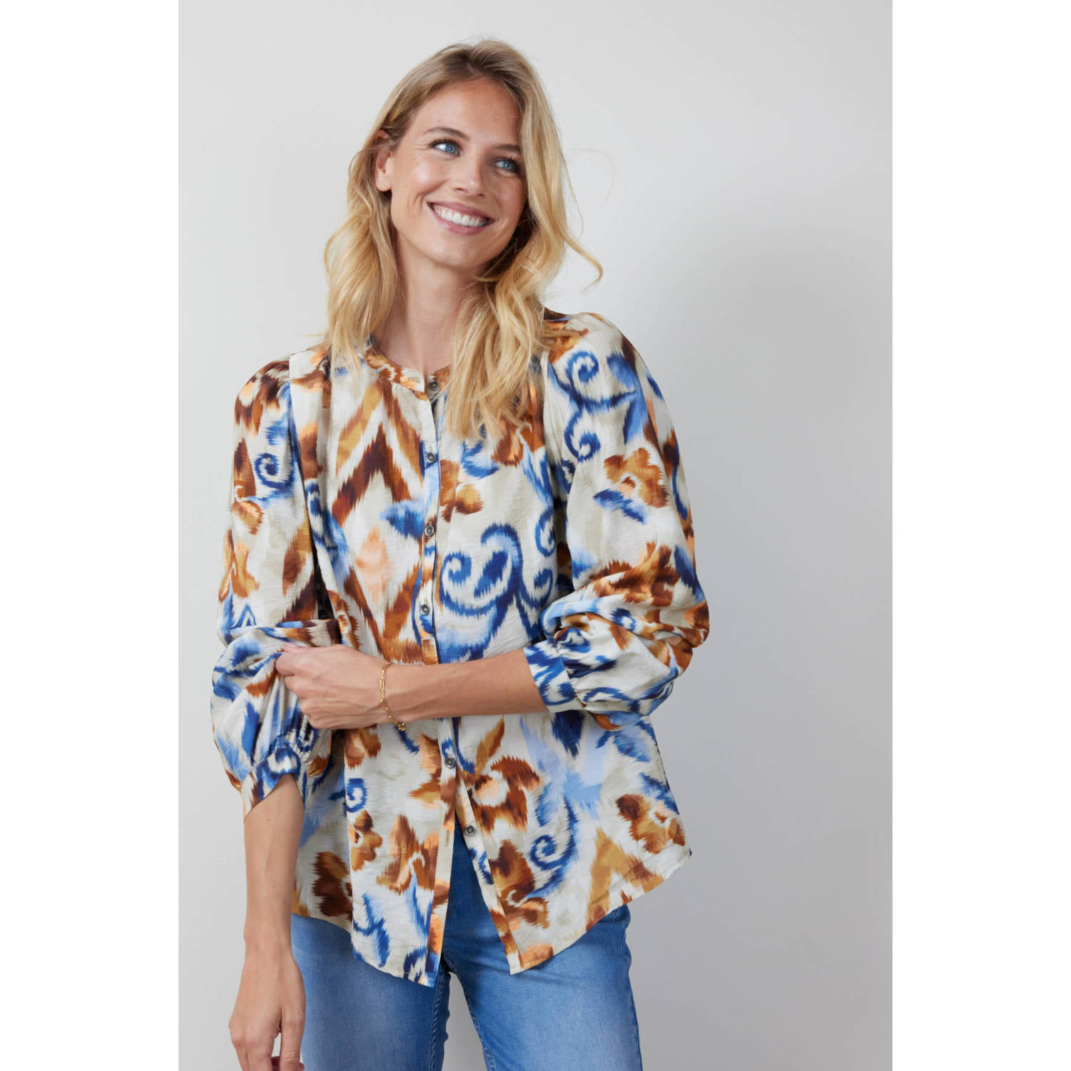 Didi blouse Tallis met bloemenprint ecru blauw bruin