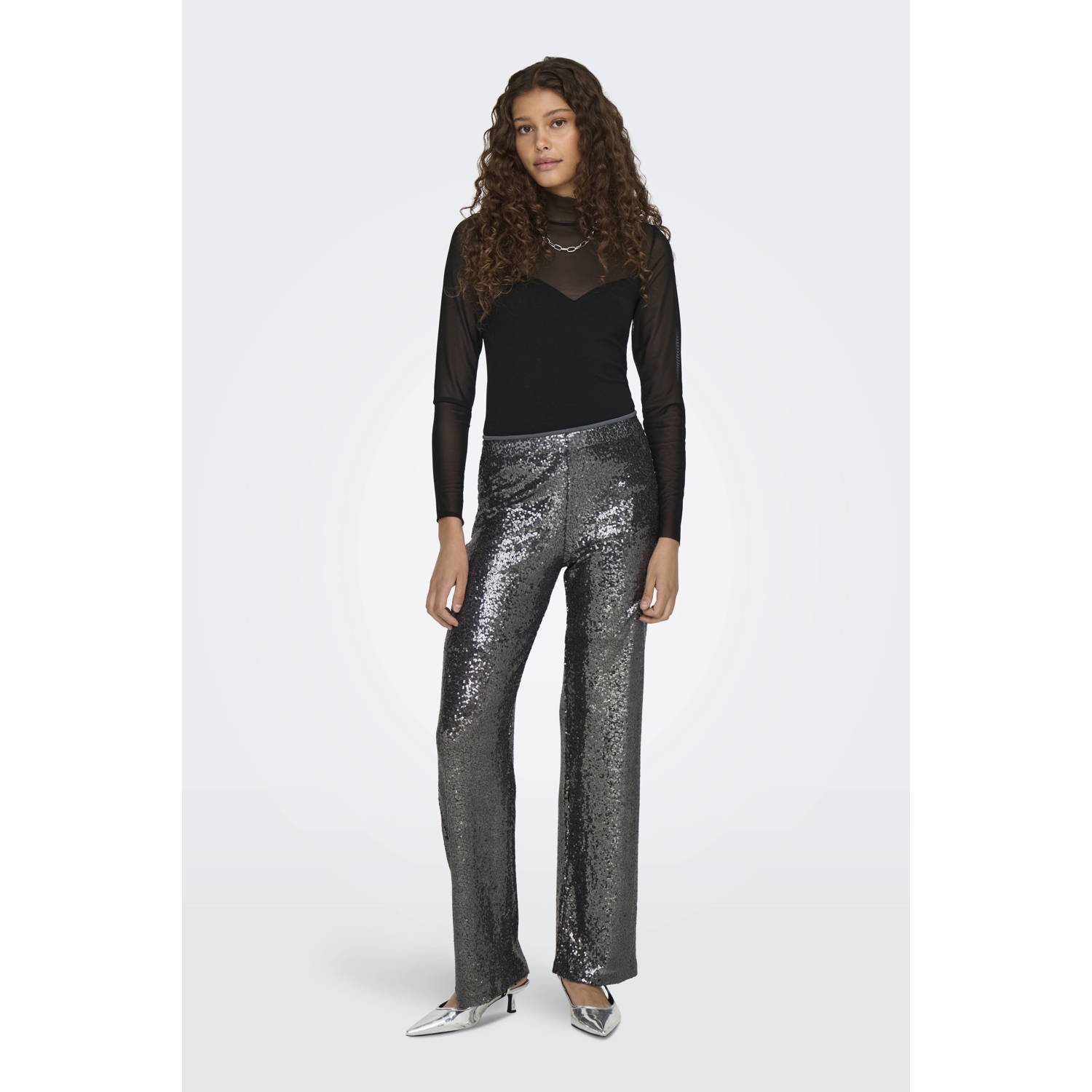 ONLY high waist straight fit pailletten broek ONLSTEO zilver