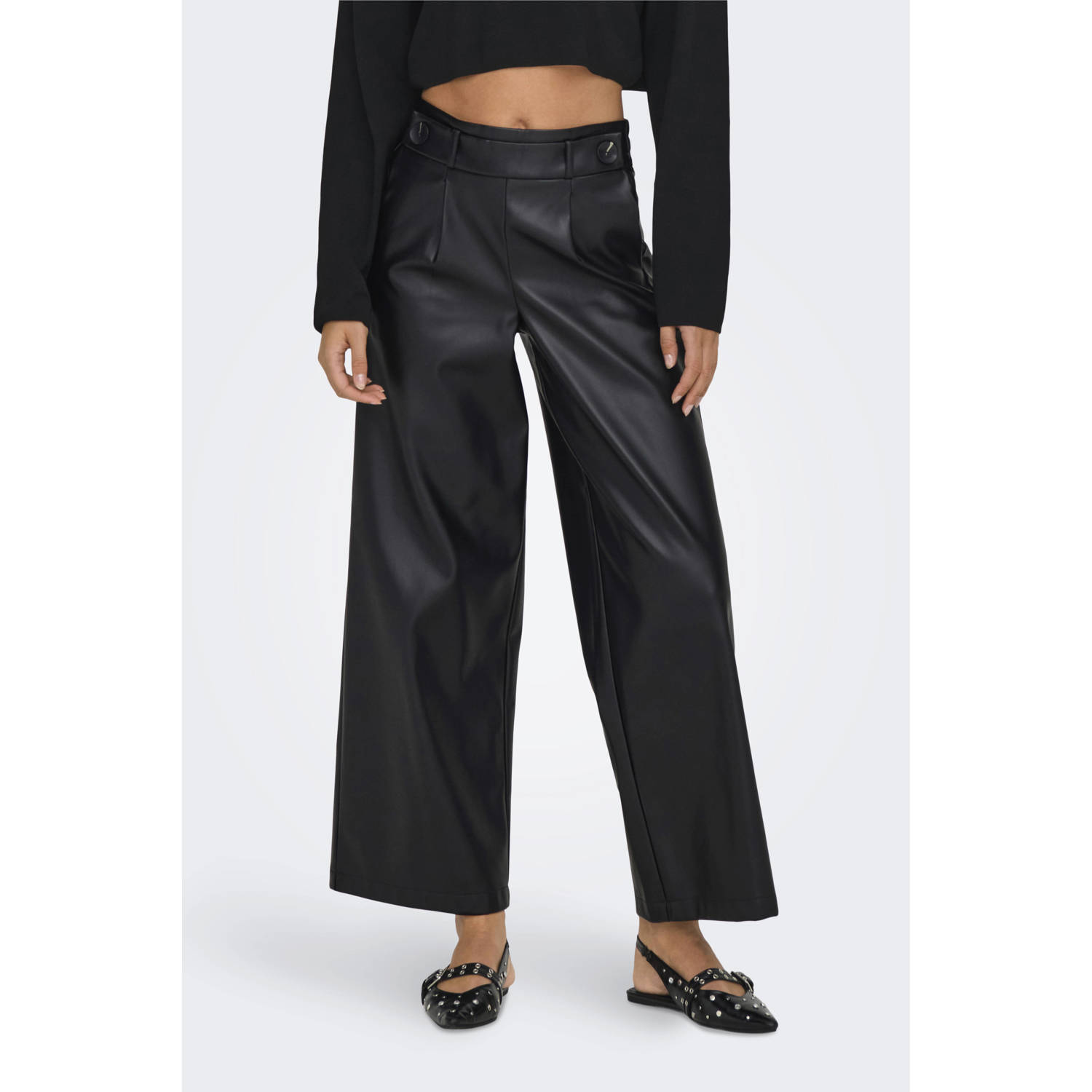 ONLY imitatieleren cropped wide leg broek ONLBINA zwart