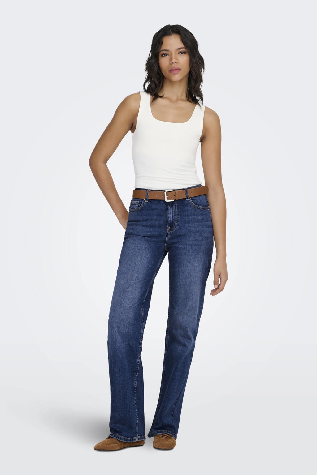 Dark blue denim dames ONLY high waist wide leg jeans dark blue van denim met rits- en knoopsluiting en effen