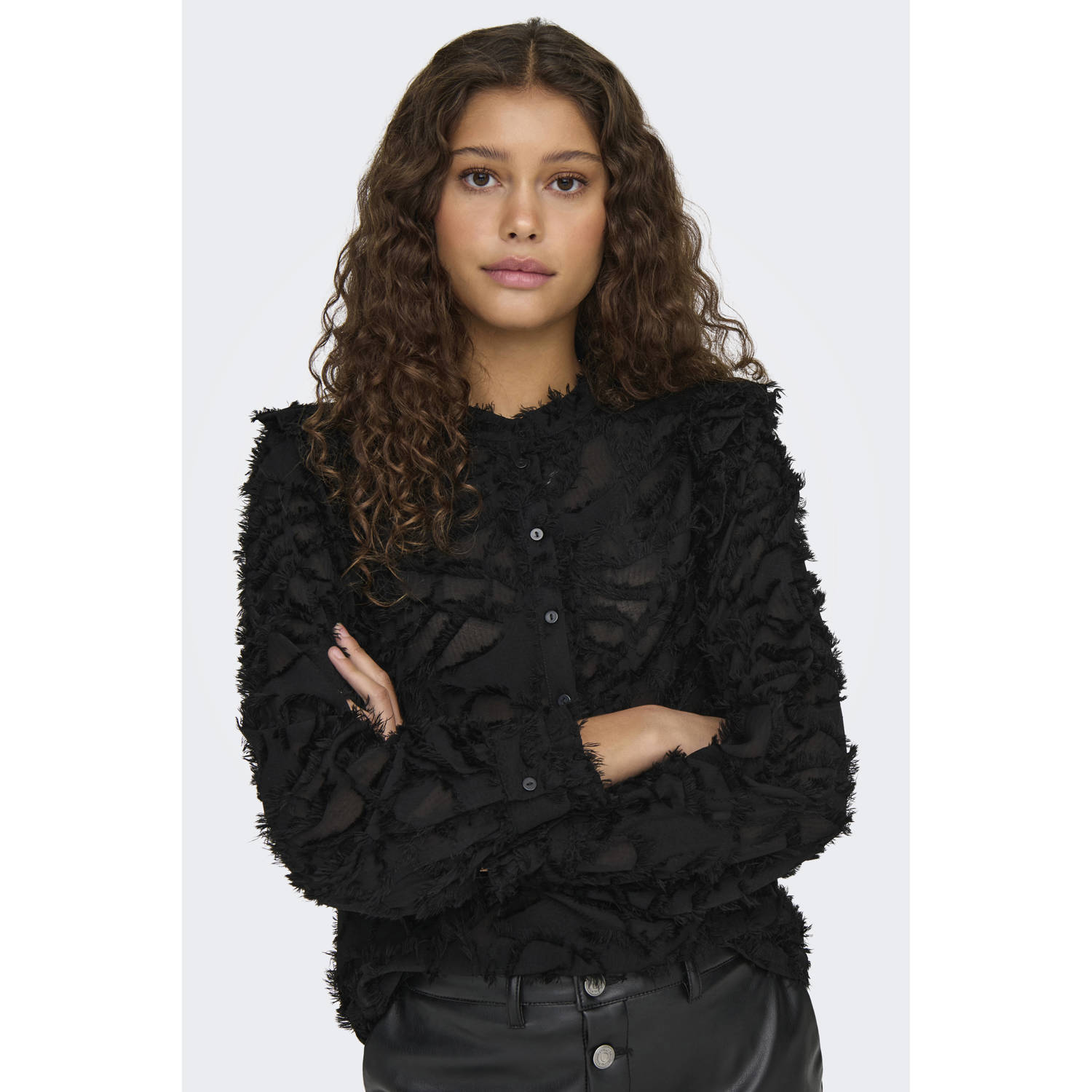 ONLY blousetop ONLCAMMIE met all over print en ruches zwart